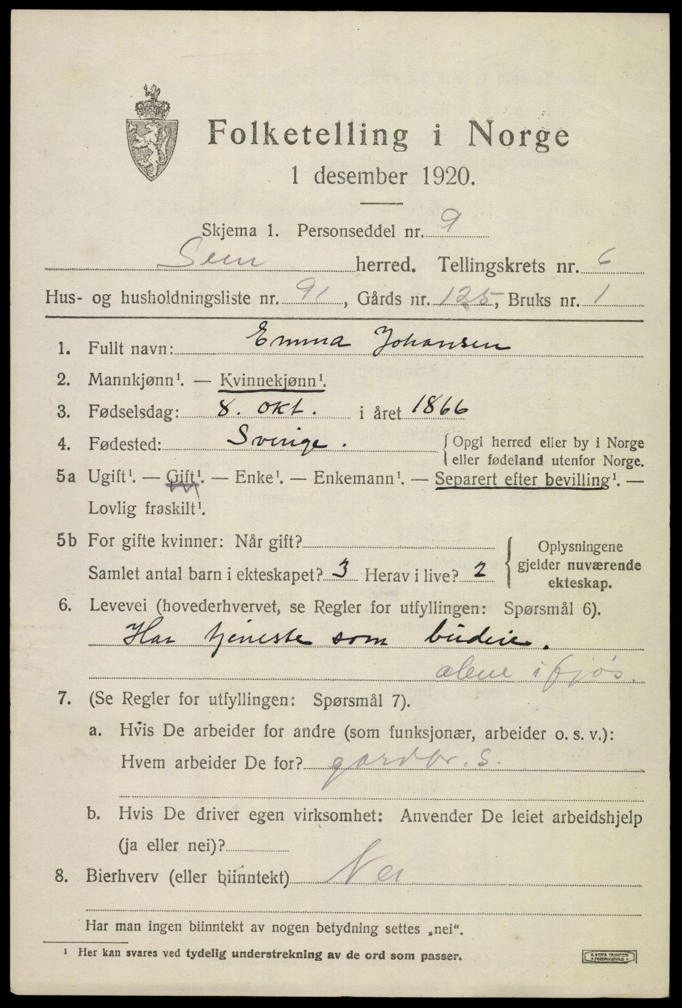 SAKO, 1920 census for Sem, 1920, p. 10305