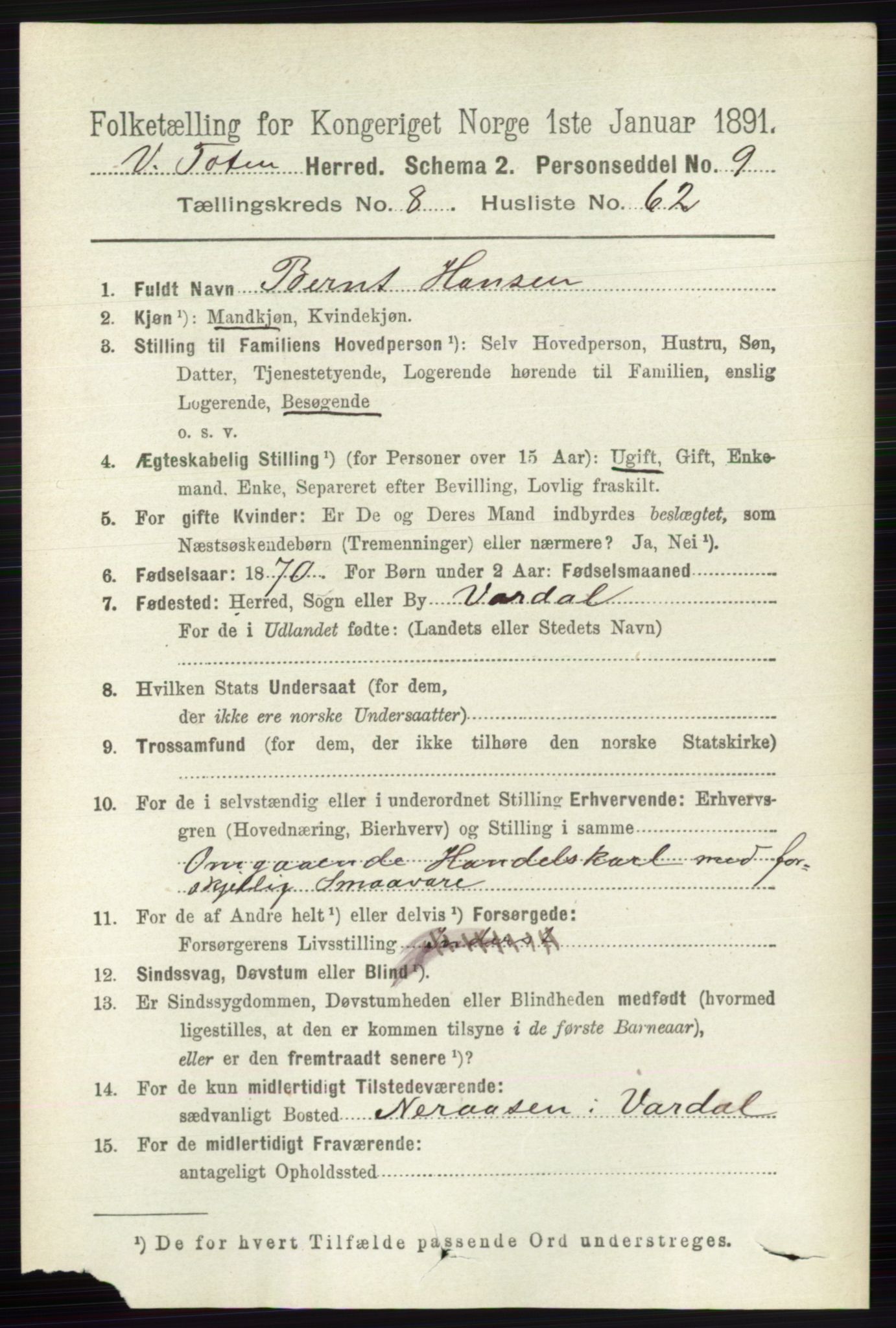 RA, 1891 census for 0529 Vestre Toten, 1891, p. 5363