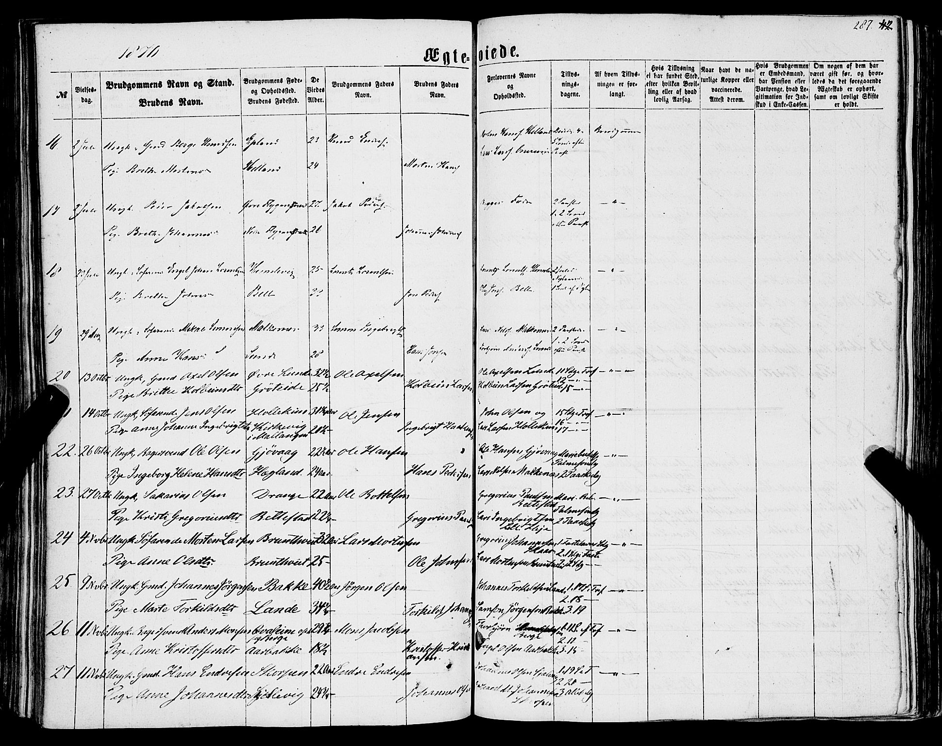 Tysnes sokneprestembete, SAB/A-78601/H/Haa: Parish register (official) no. A 11, 1860-1871, p. 287