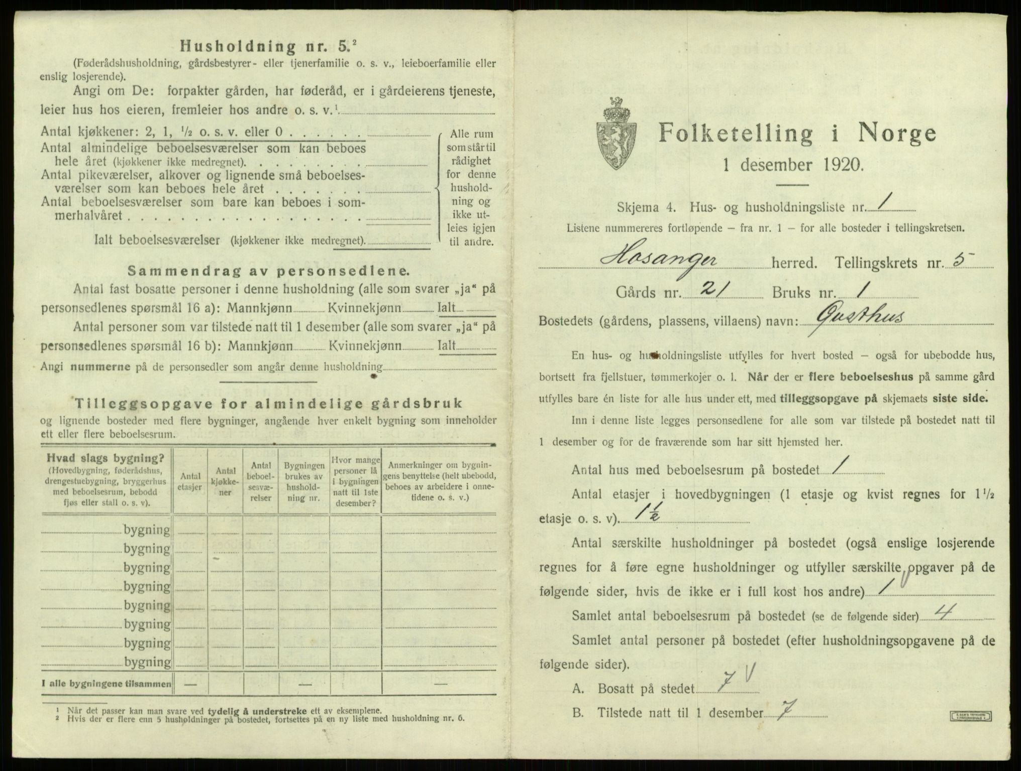 SAB, 1920 census for Hosanger, 1920, p. 265