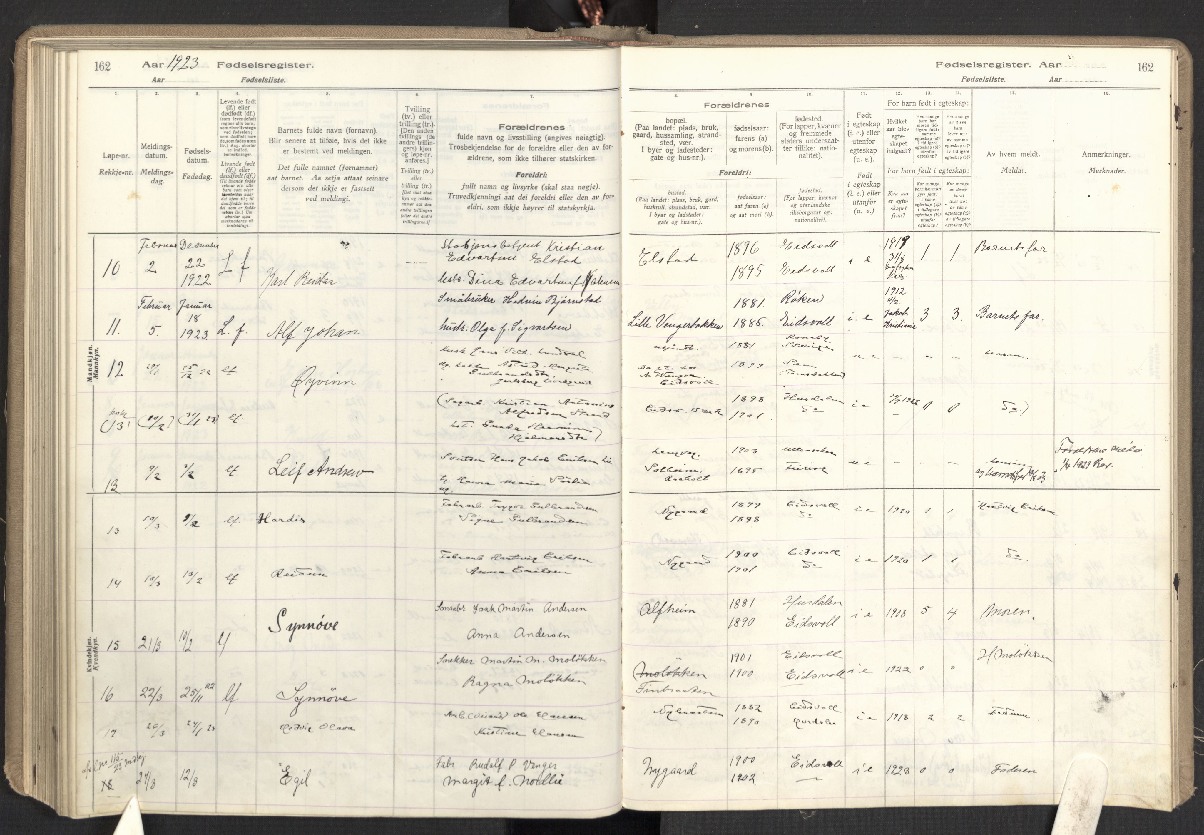 Eidsvoll prestekontor Kirkebøker, SAO/A-10888: Birth register no. I 1, 1916-1924, p. 162