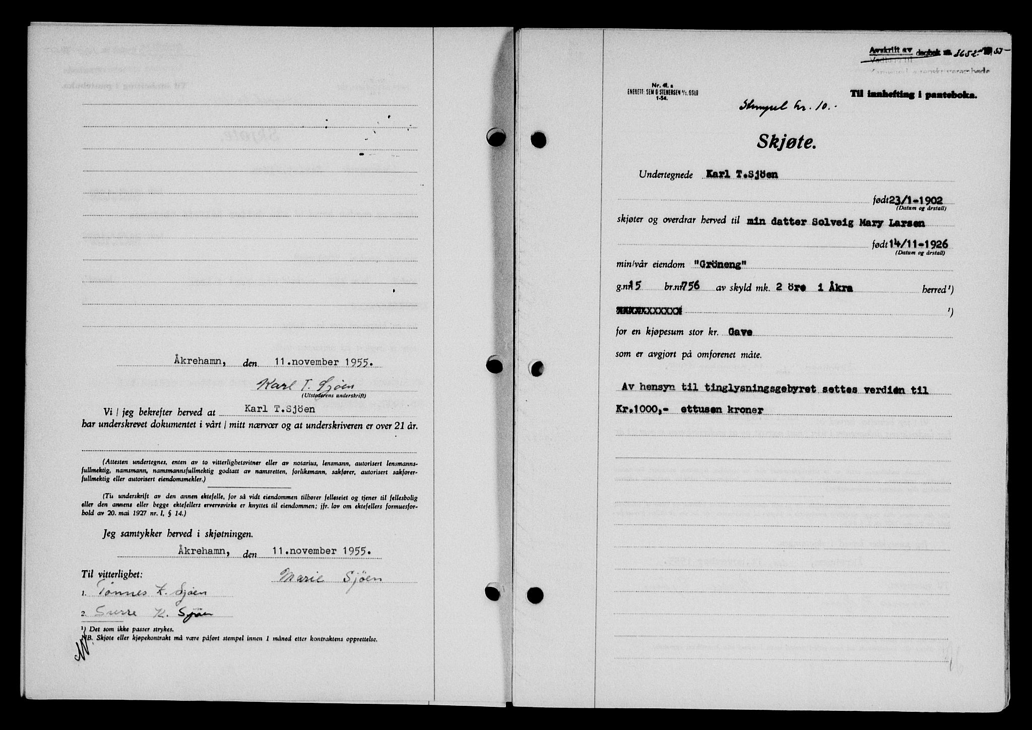 Karmsund sorenskriveri, SAST/A-100311/01/II/IIB/L0117: Mortgage book no. 97Aa, 1955-1955, Diary no: : 3652/1955