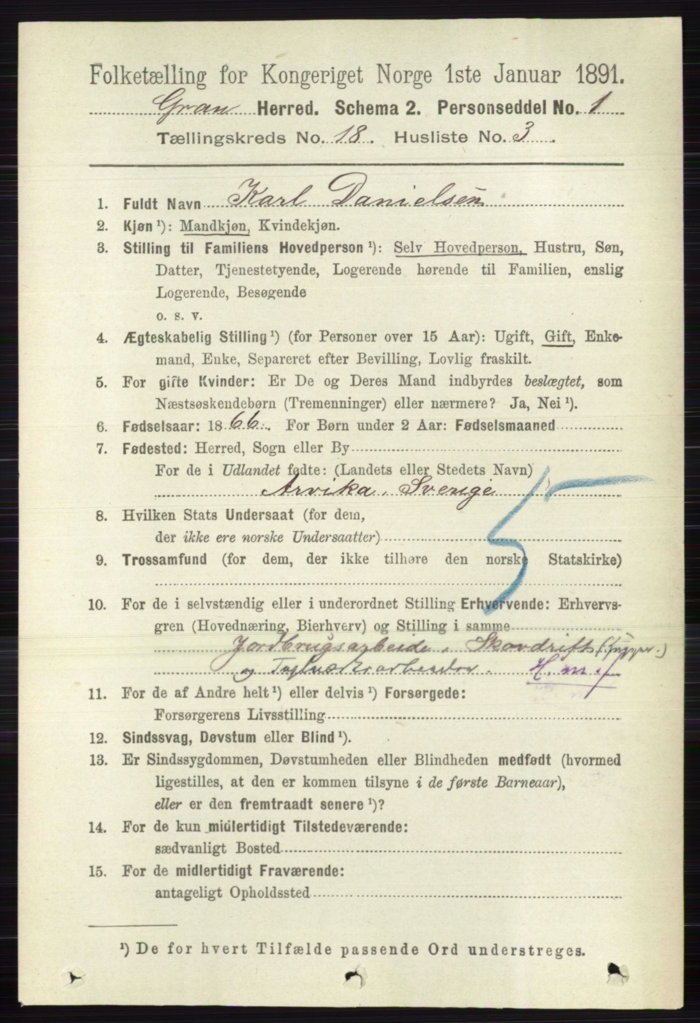 RA, 1891 census for 0534 Gran, 1891, p. 9545