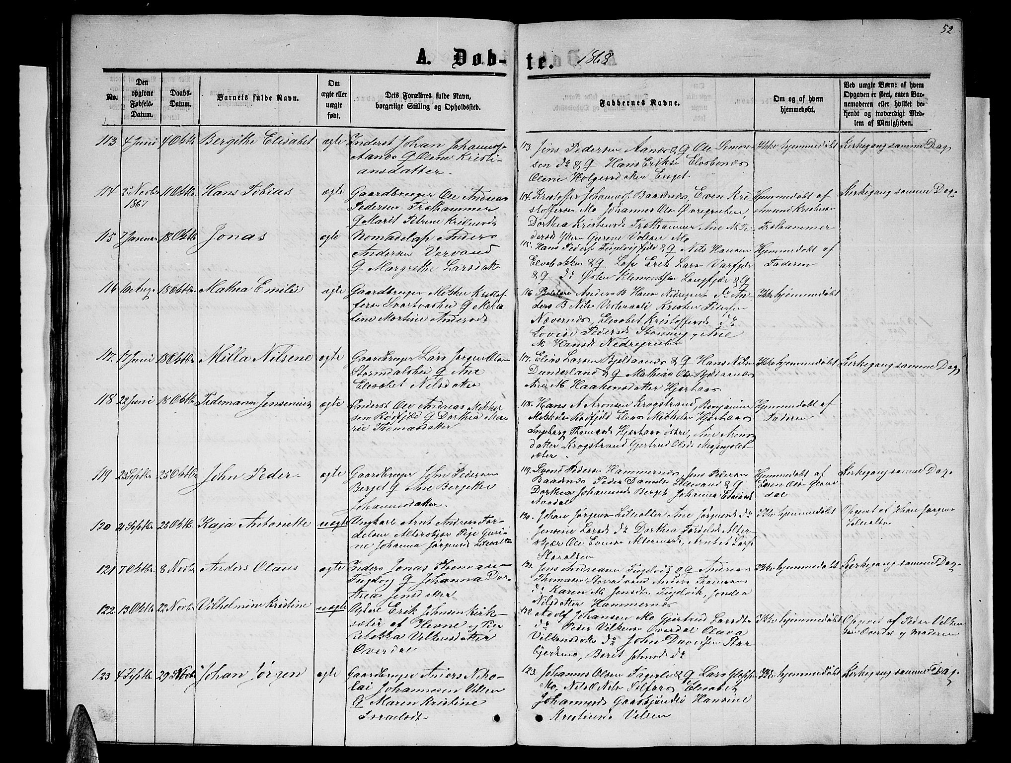Ministerialprotokoller, klokkerbøker og fødselsregistre - Nordland, SAT/A-1459/827/L0415: Parish register (copy) no. 827C04, 1864-1886, p. 52