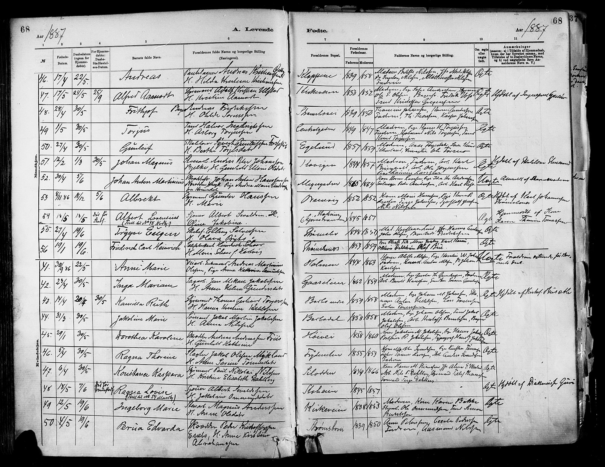 Barbu sokneprestkontor, SAK/1111-0003/F/Fa/L0002: Parish register (official) no. A 2, 1883-1898, p. 68