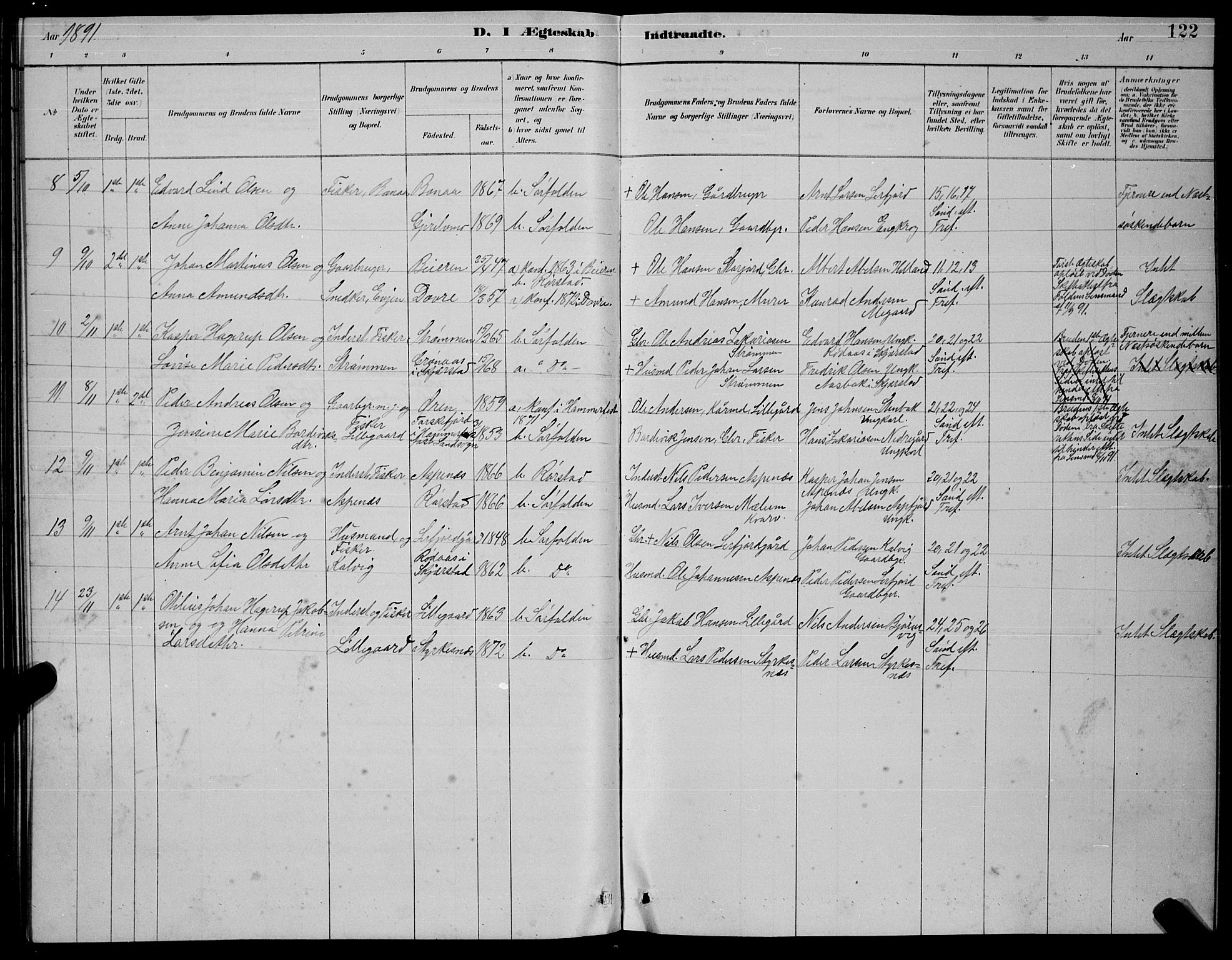 Ministerialprotokoller, klokkerbøker og fødselsregistre - Nordland, AV/SAT-A-1459/854/L0785: Parish register (copy) no. 854C01, 1883-1891, p. 122