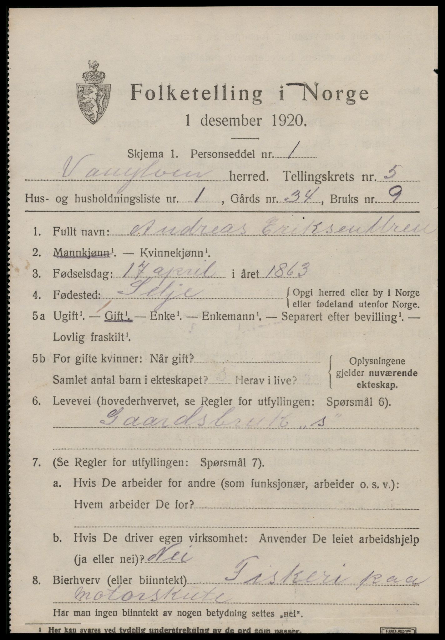 SAT, 1920 census for Vanylven, 1920, p. 2813