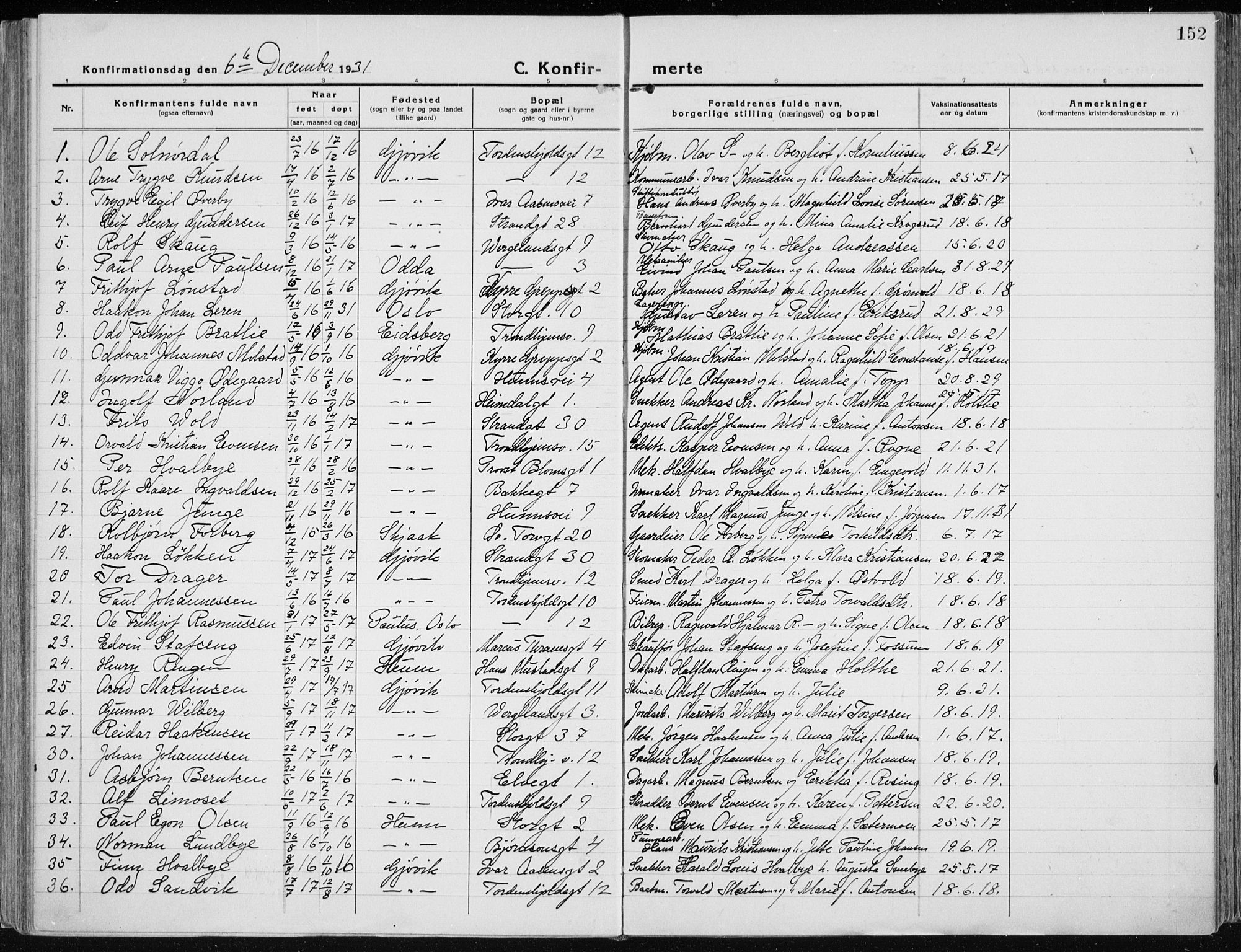 Vardal prestekontor, AV/SAH-PREST-100/H/Ha/Haa/L0015: Parish register (official) no. 15, 1923-1937, p. 152