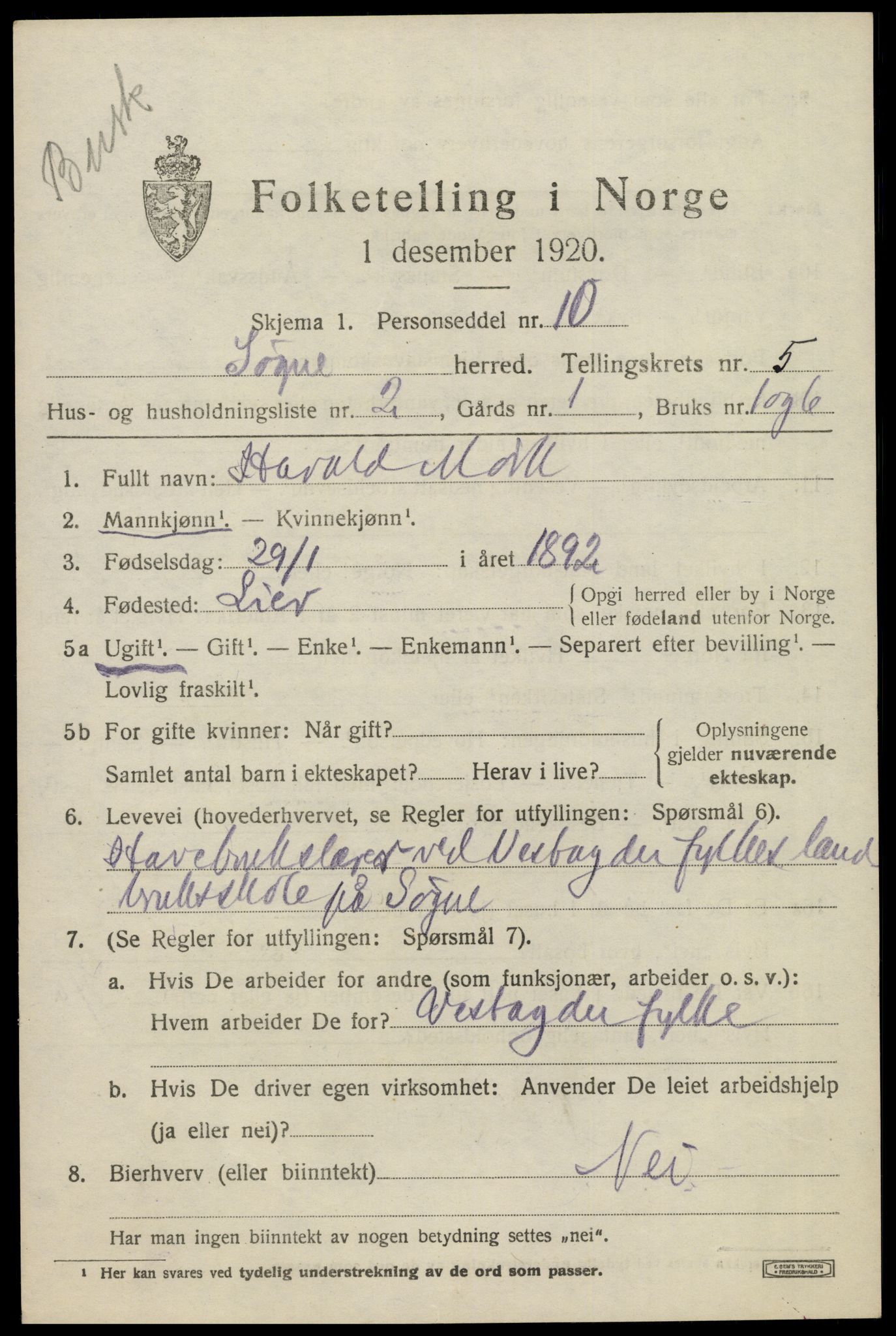 SAK, 1920 census for Søgne, 1920, p. 2199