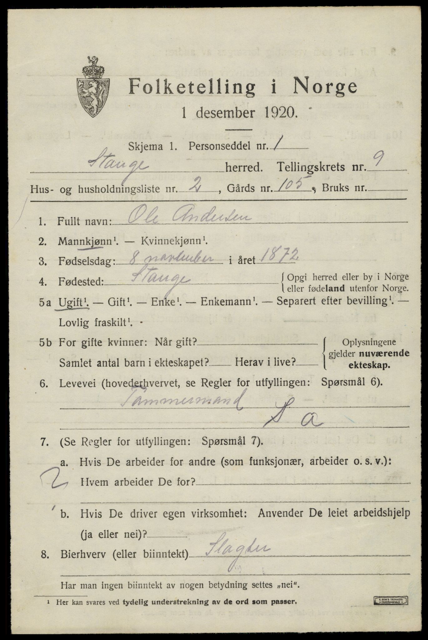 SAH, 1920 census for Stange, 1920, p. 14599