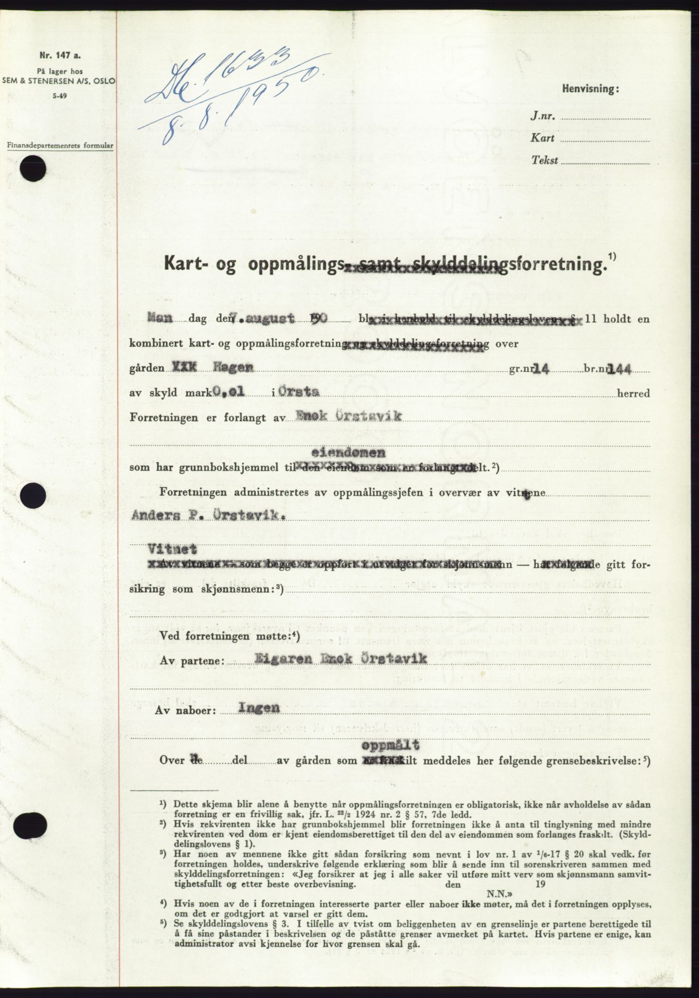 Søre Sunnmøre sorenskriveri, AV/SAT-A-4122/1/2/2C/L0087: Mortgage book no. 13A, 1950-1950, Diary no: : 1633/1950