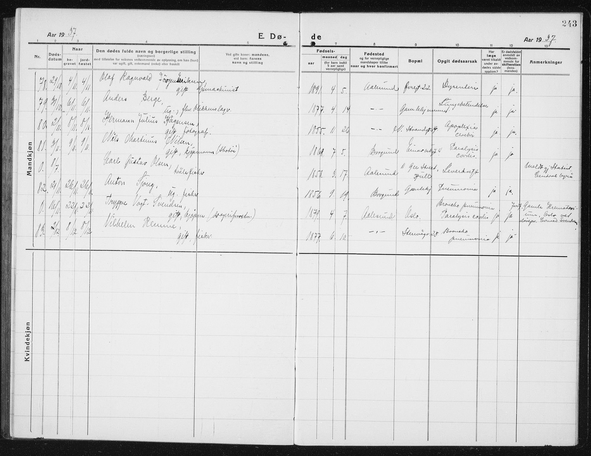 Ministerialprotokoller, klokkerbøker og fødselsregistre - Møre og Romsdal, AV/SAT-A-1454/529/L0474: Parish register (copy) no. 529C11, 1918-1938, p. 243