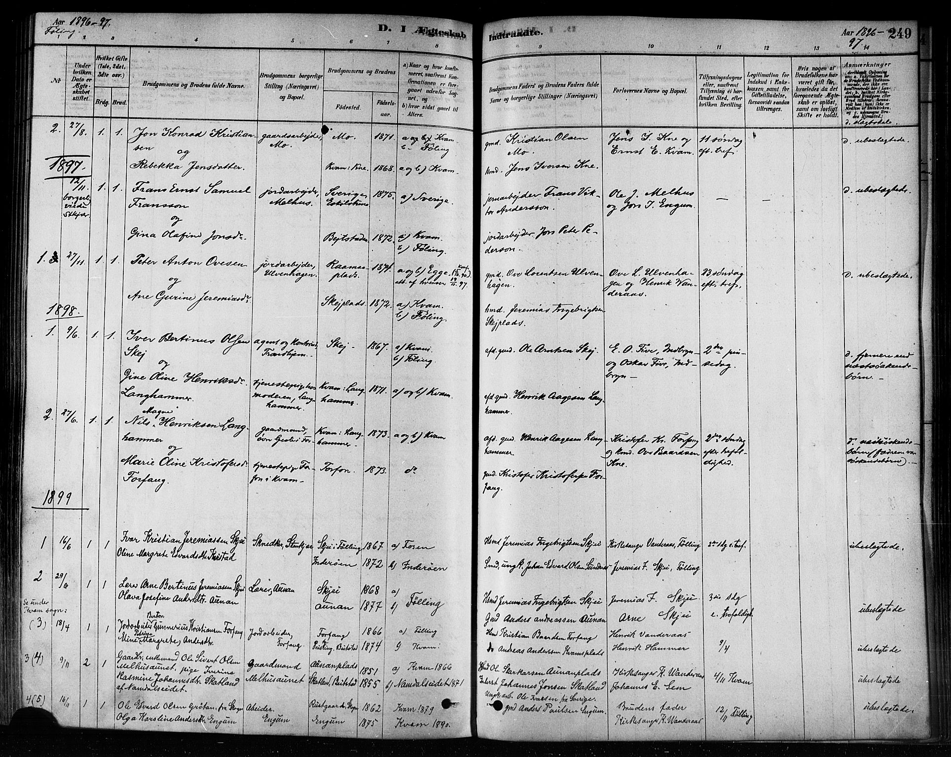 Ministerialprotokoller, klokkerbøker og fødselsregistre - Nord-Trøndelag, SAT/A-1458/746/L0449: Parish register (official) no. 746A07 /3, 1878-1899, p. 249