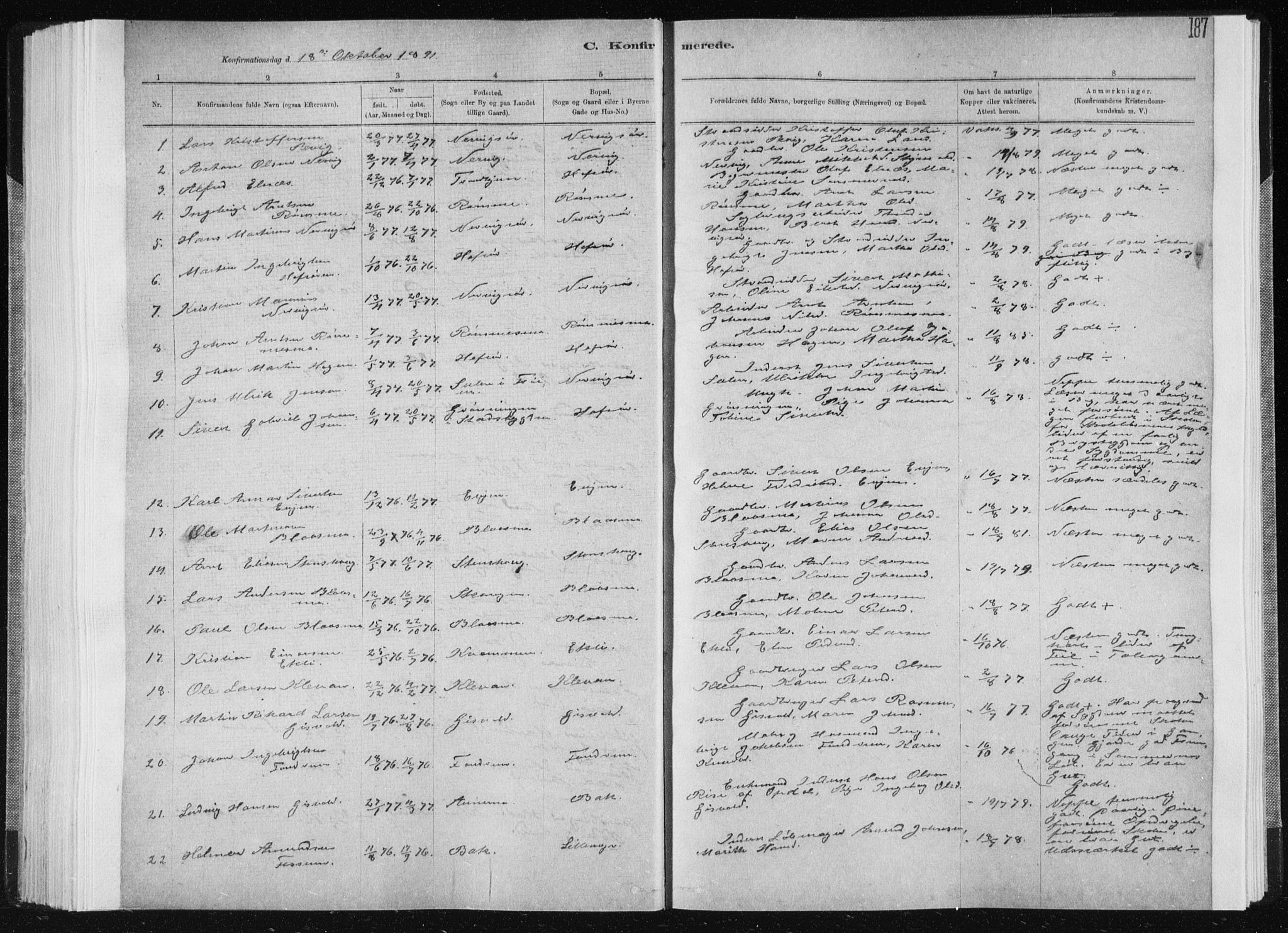 Ministerialprotokoller, klokkerbøker og fødselsregistre - Sør-Trøndelag, SAT/A-1456/668/L0818: Parish register (copy) no. 668C07, 1885-1898, p. 187