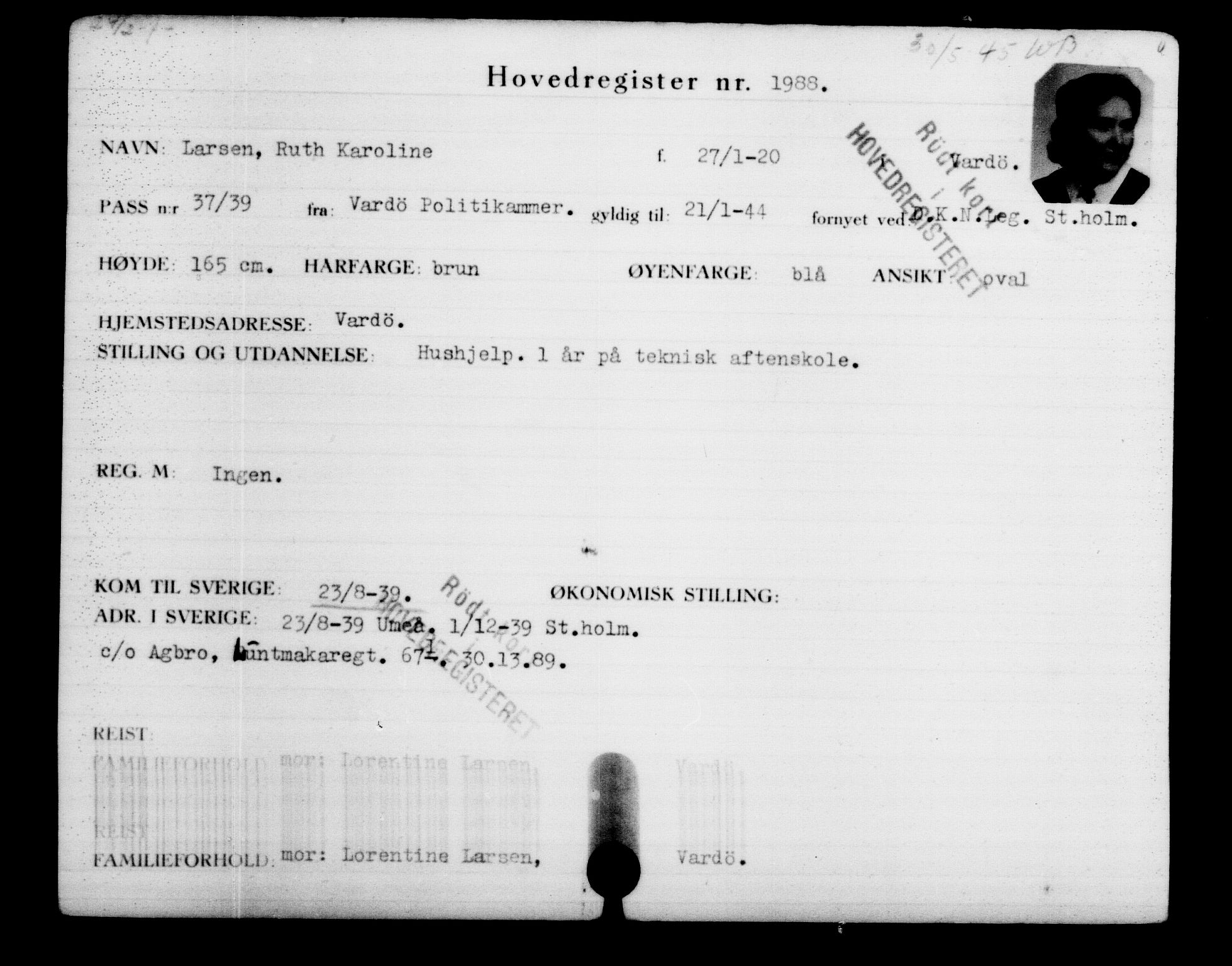 Den Kgl. Norske Legasjons Flyktningskontor, AV/RA-S-6753/V/Va/L0002: Kjesäterkartoteket.  Flyktningenr. 1001-2000, 1940-1945, p. 1403