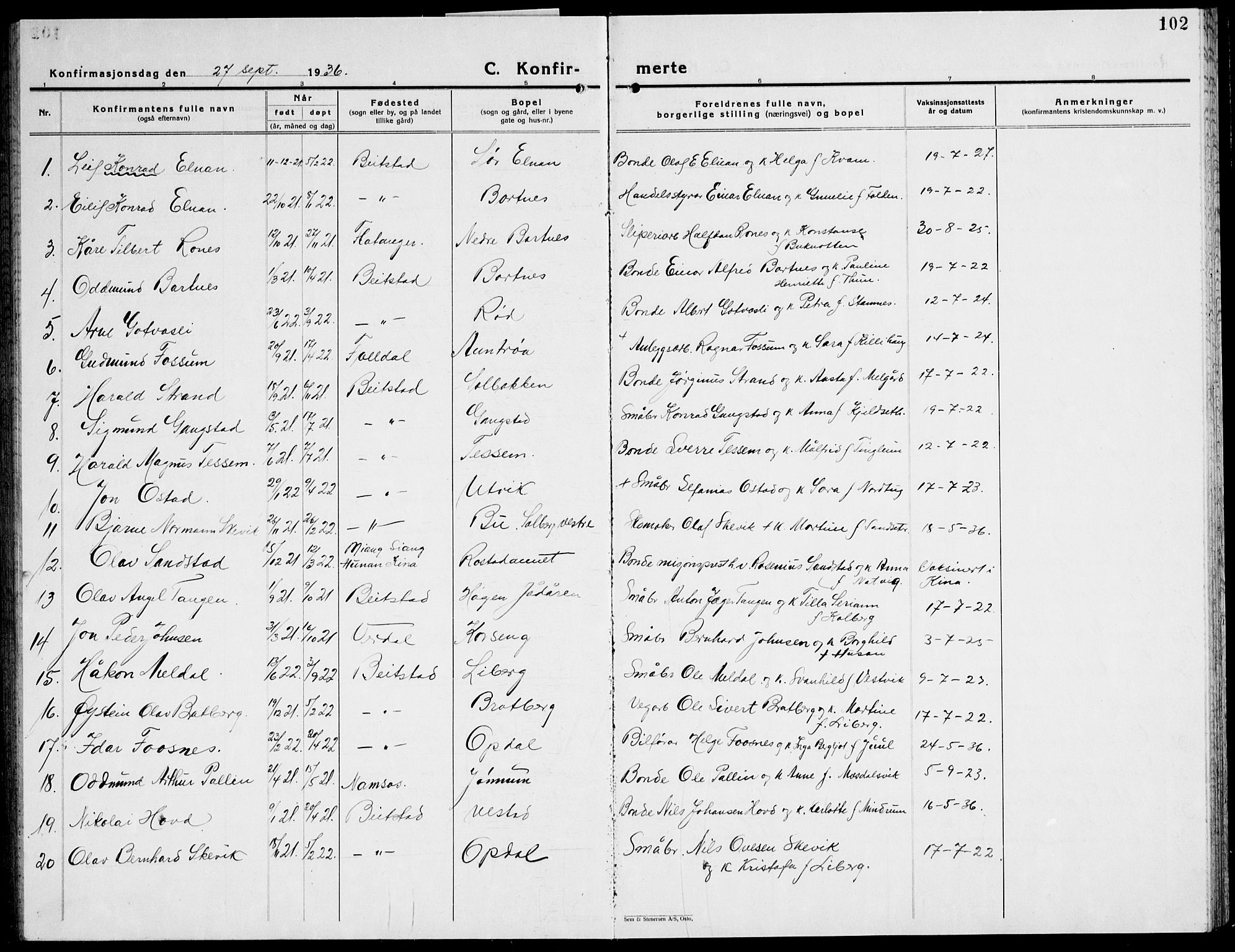 Ministerialprotokoller, klokkerbøker og fødselsregistre - Nord-Trøndelag, SAT/A-1458/741/L0403: Parish register (copy) no. 741C04, 1925-1944, p. 102