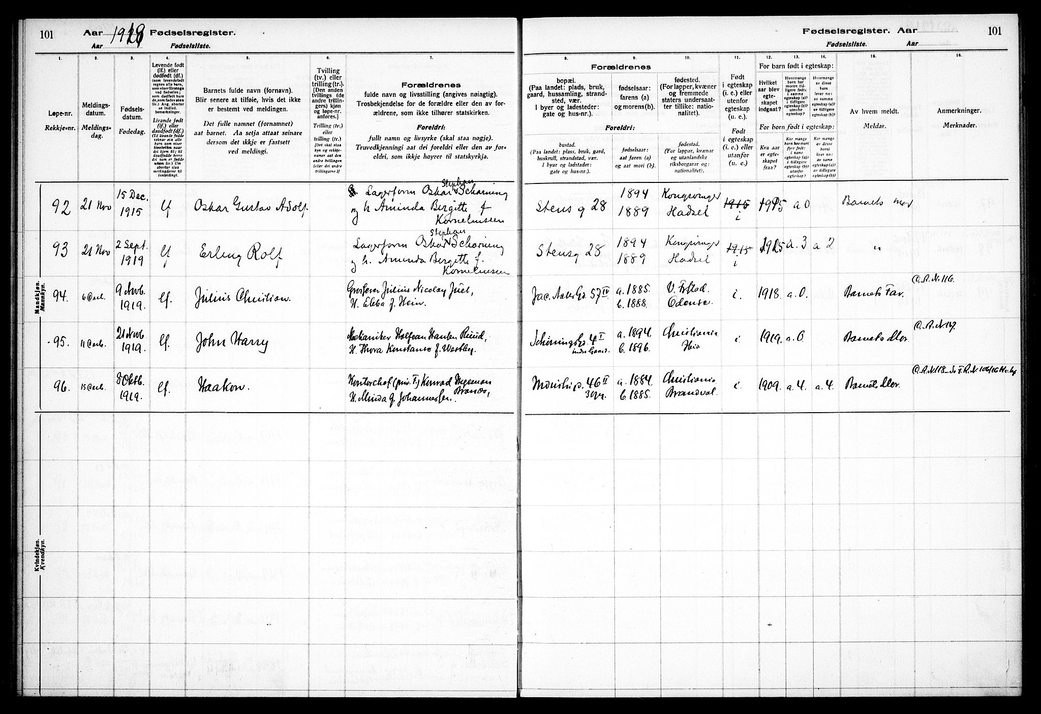 Fagerborg prestekontor Kirkebøker, AV/SAO-A-10844/J/Ja/L0001: Birth register no. 1, 1916-1925, p. 101