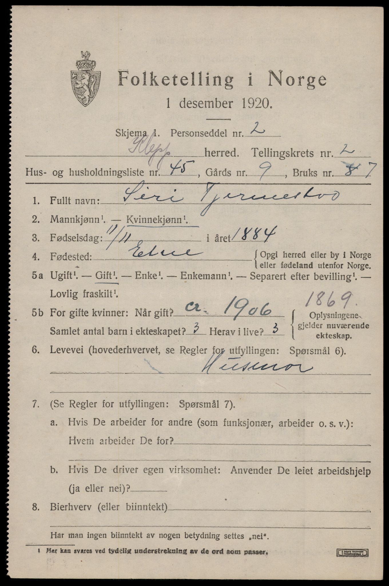 SAST, 1920 census for Klepp, 1920, p. 3176