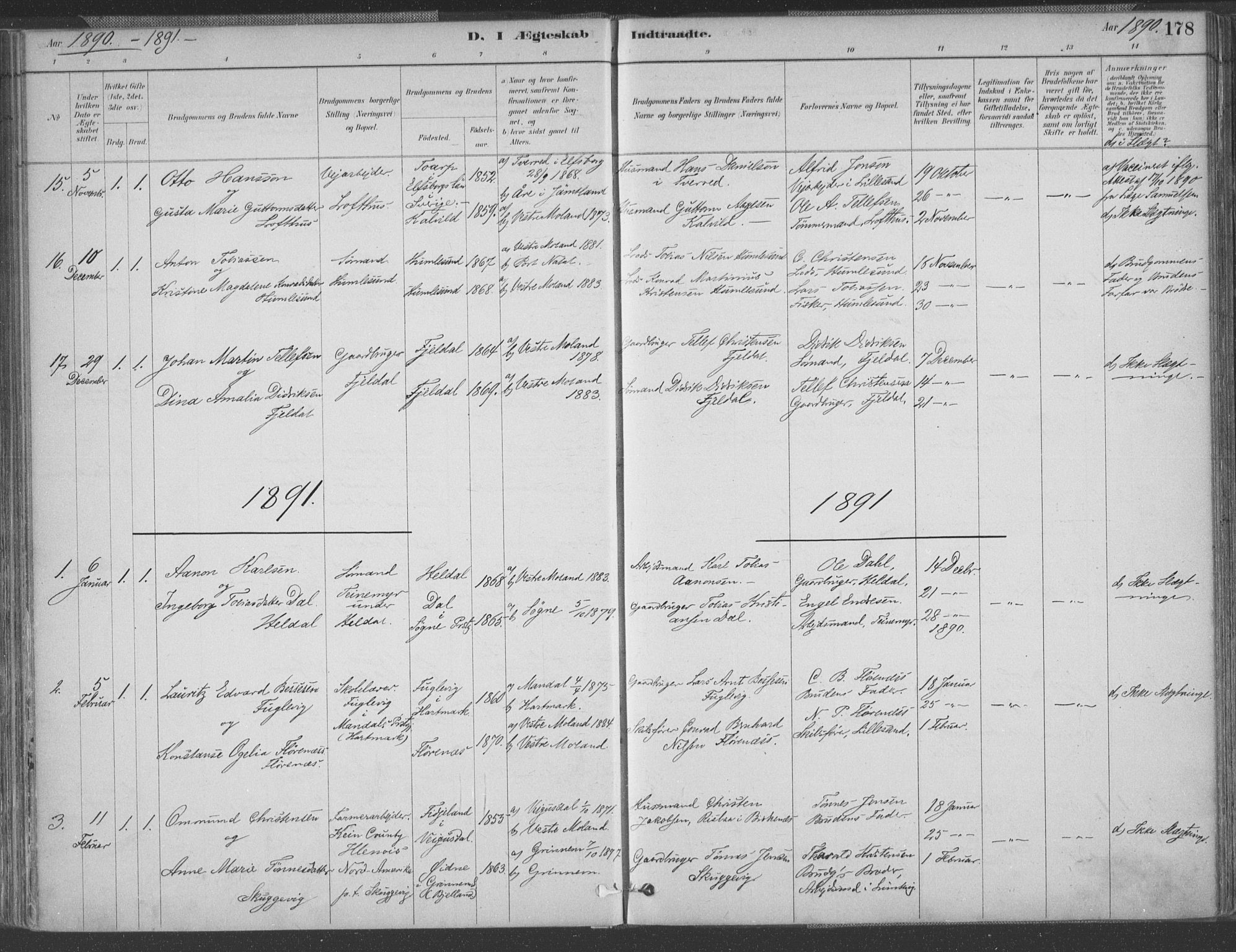 Vestre Moland sokneprestkontor, AV/SAK-1111-0046/F/Fa/Fab/L0009: Parish register (official) no. A 9, 1884-1899, p. 178