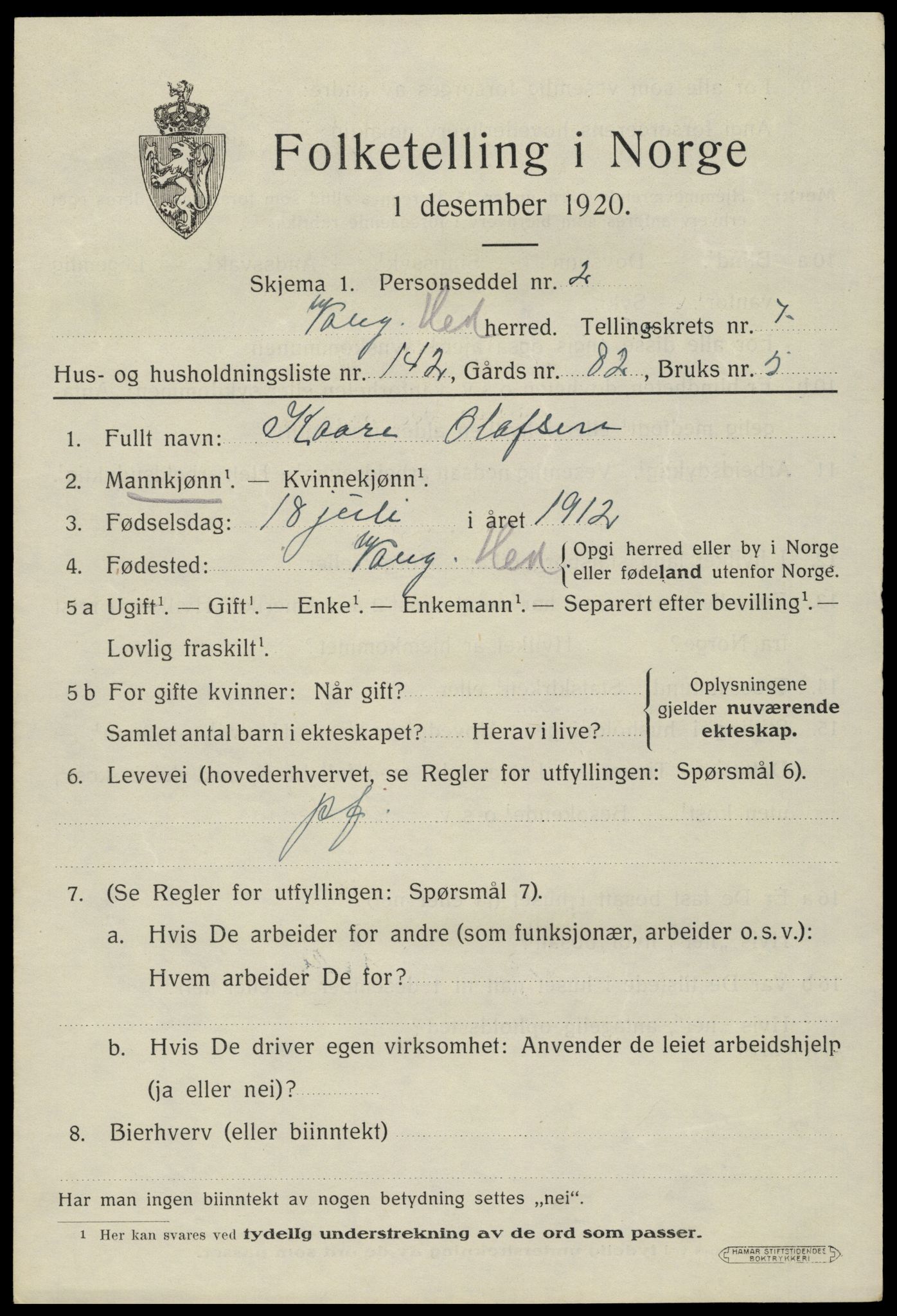 SAH, 1920 census for Vang (Hedmark), 1920, p. 17435