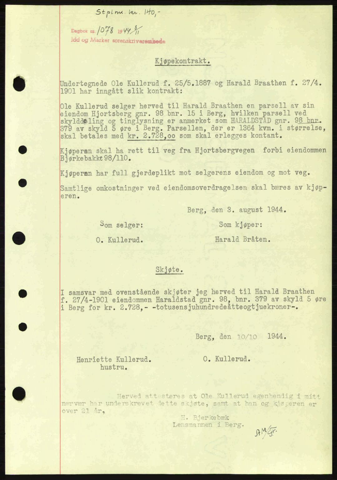 Idd og Marker sorenskriveri, AV/SAO-A-10283/G/Gb/Gbb/L0007: Mortgage book no. A7, 1944-1945, Diary no: : 1078/1944