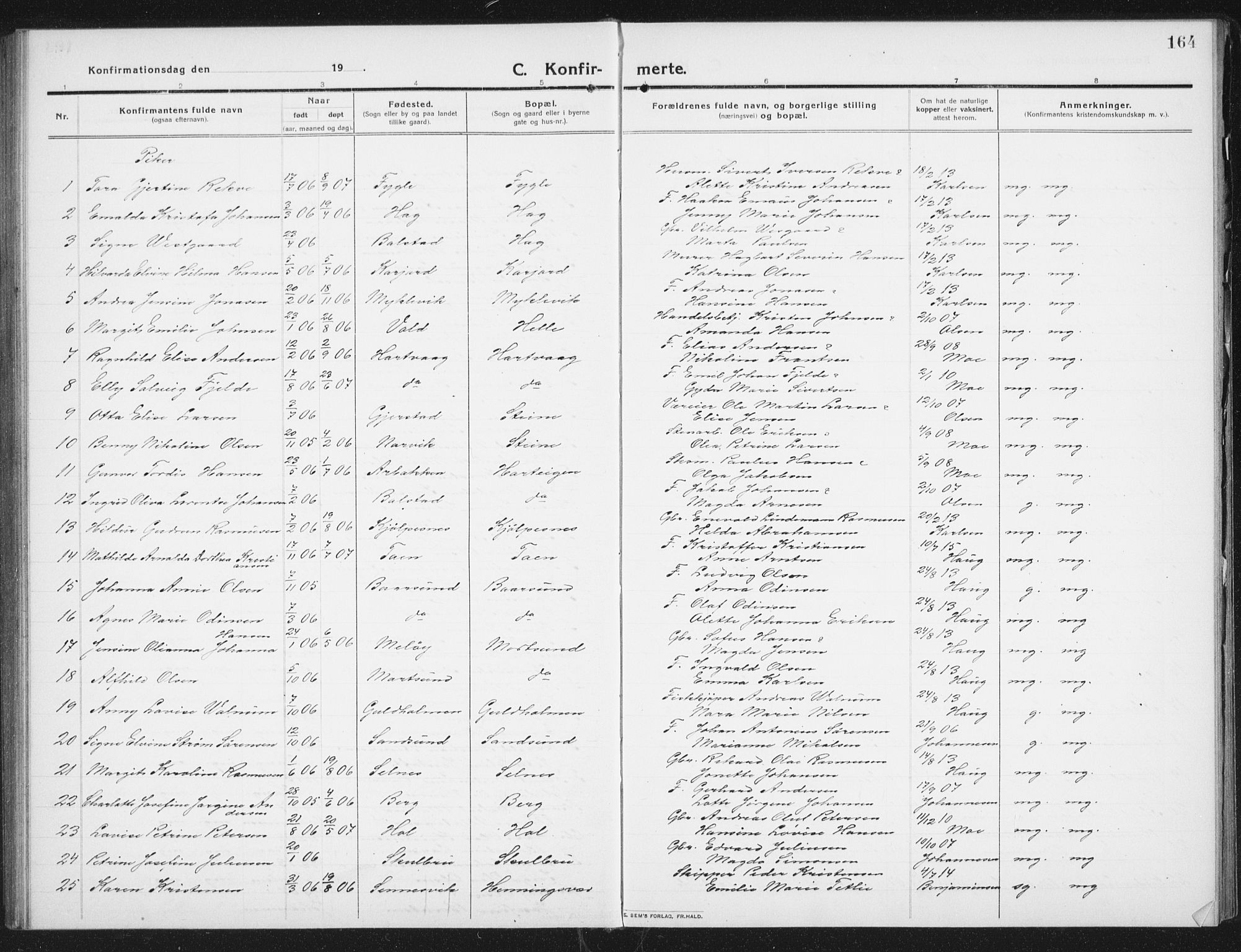Ministerialprotokoller, klokkerbøker og fødselsregistre - Nordland, SAT/A-1459/882/L1183: Parish register (copy) no. 882C01, 1911-1938, p. 164
