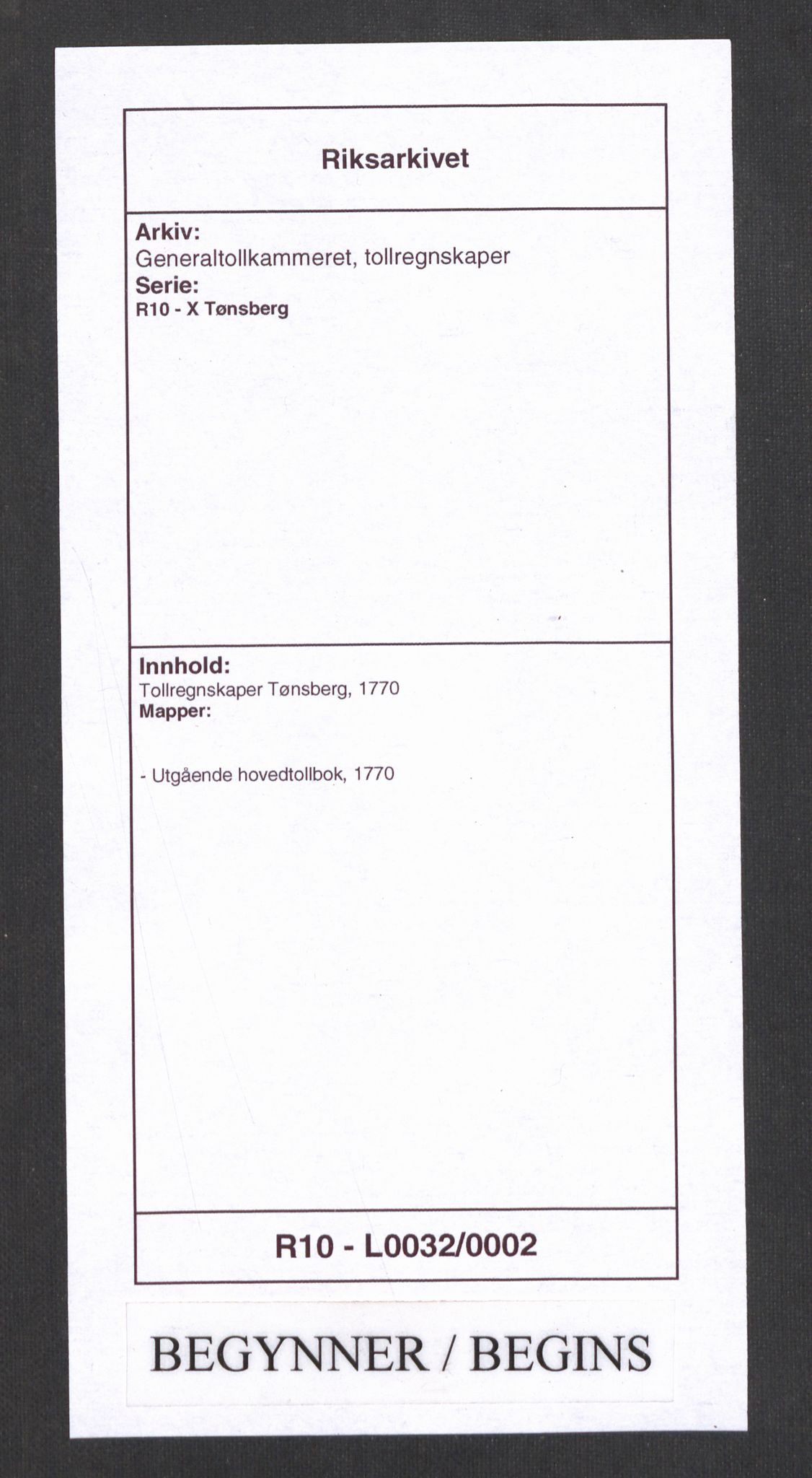 Generaltollkammeret, tollregnskaper, RA/EA-5490/R10/L0017/0002: Tollregnskaper Tønsberg / Utgående hovedtollbok, 1770