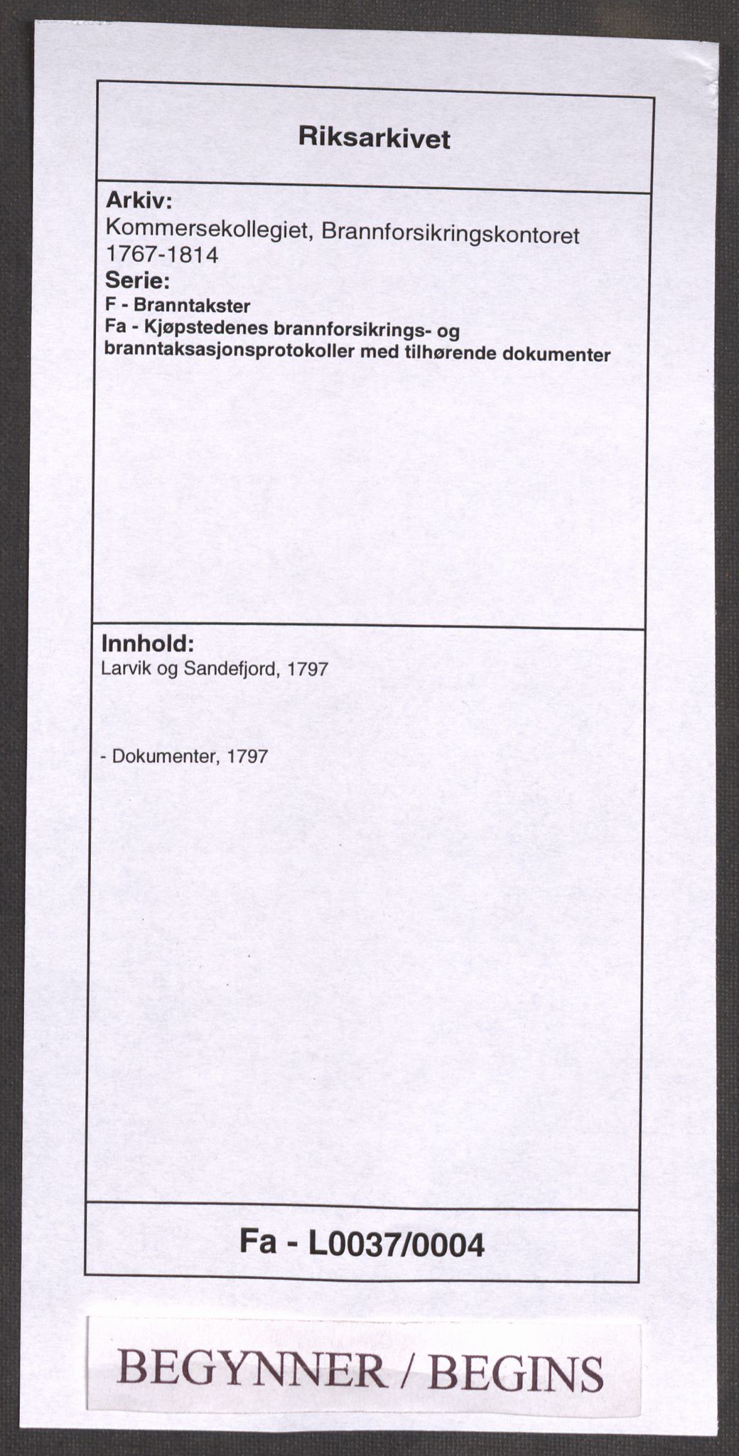 Kommersekollegiet, Brannforsikringskontoret 1767-1814, AV/RA-EA-5458/F/Fa/L0037/0004: Larvik og Sandefjord / Dokumenter, 1797