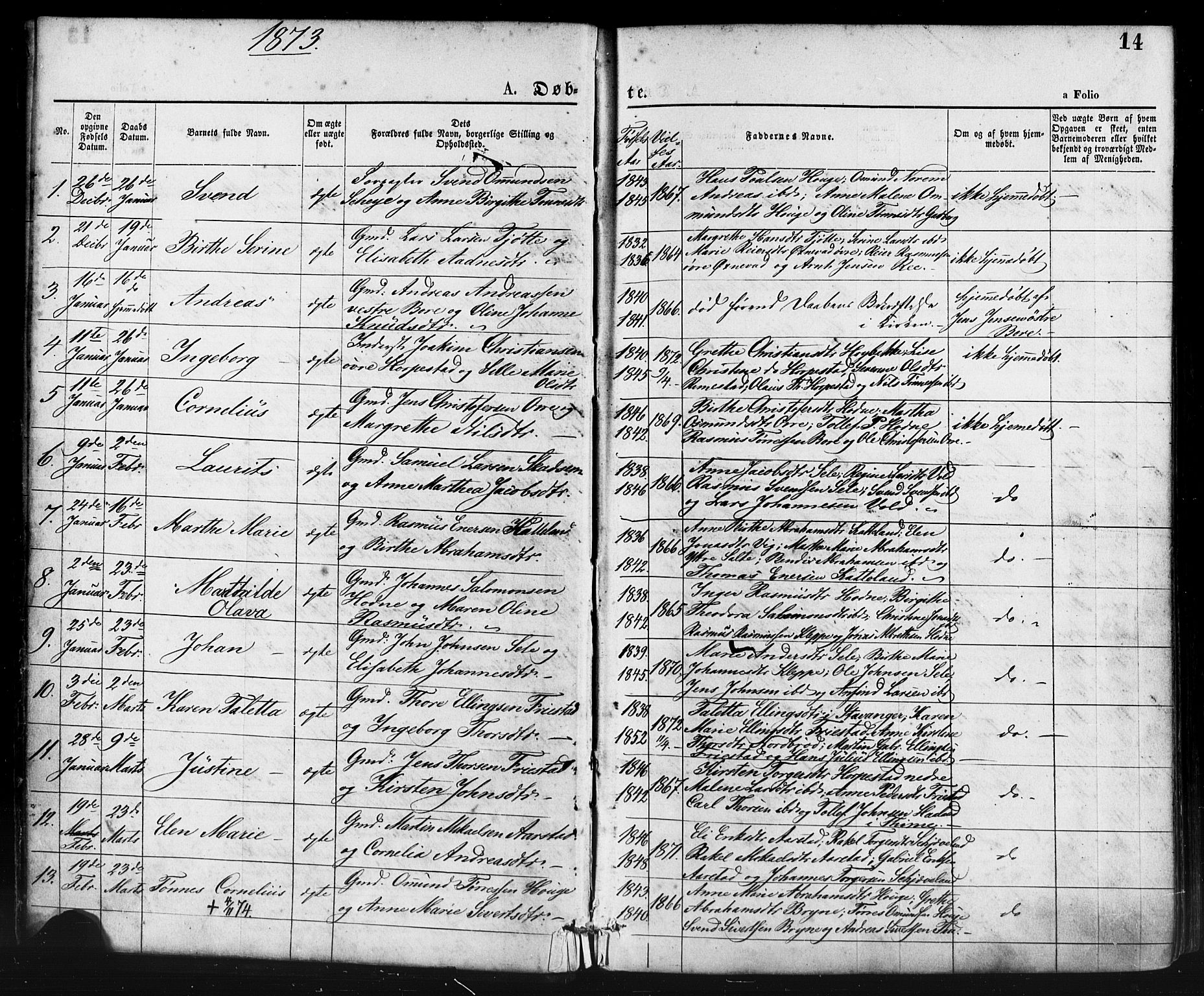 Klepp sokneprestkontor, SAST/A-101803/001/3/30BA/L0006: Parish register (official) no. A 6, 1871-1885, p. 14