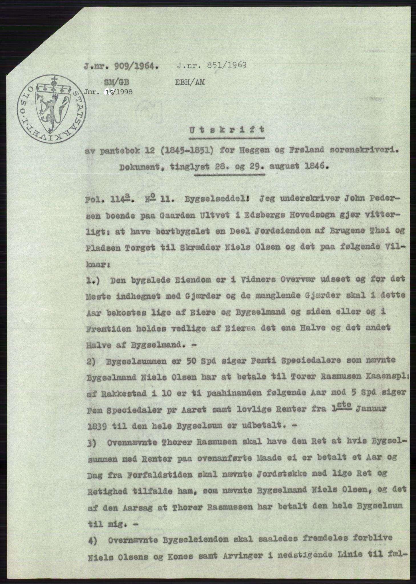 Statsarkivet i Oslo, AV/SAO-A-10621/Z/Zd/L0020: Avskrifter, j.nr 905-1844/1964, 1964, p. 3