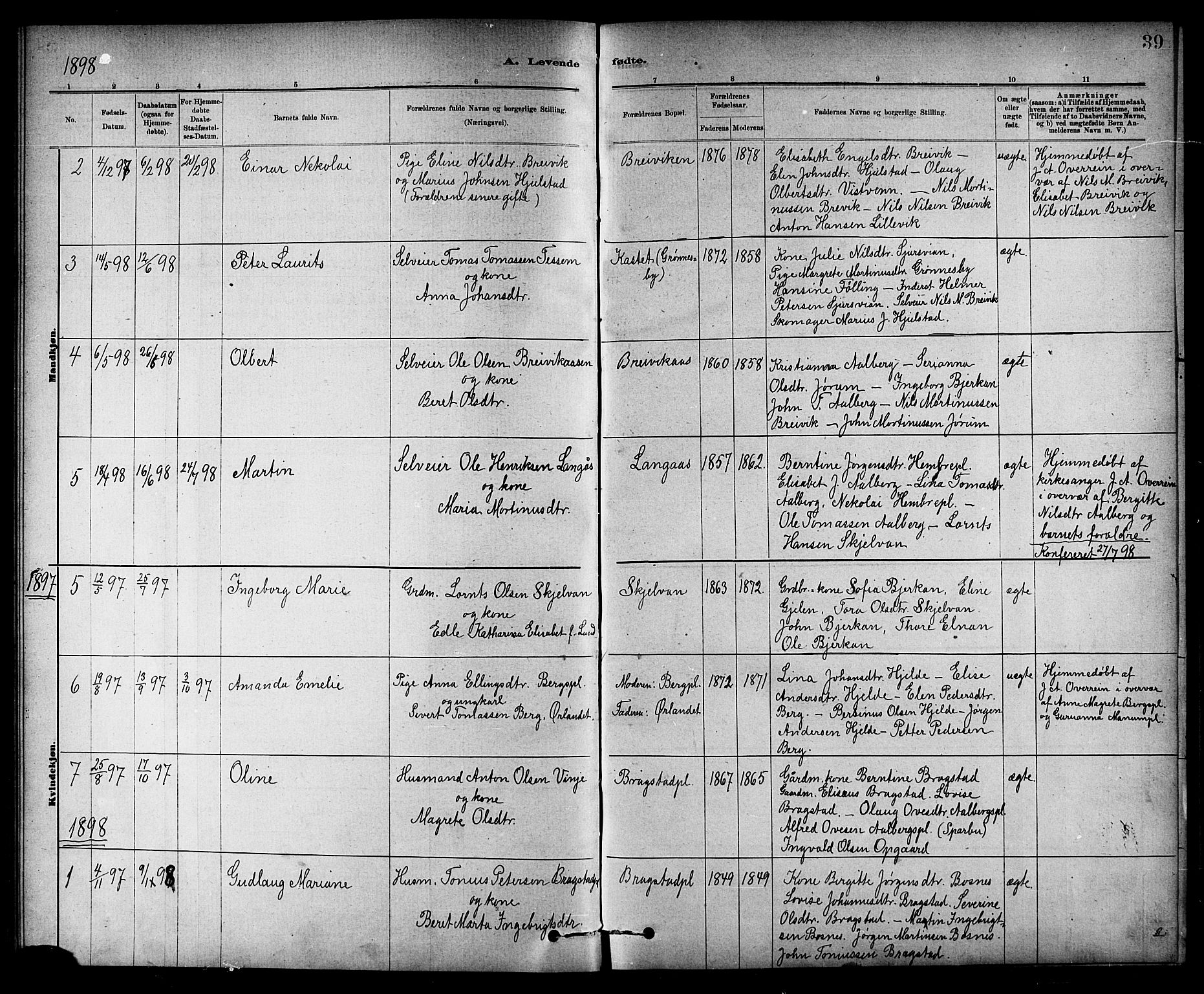 Ministerialprotokoller, klokkerbøker og fødselsregistre - Nord-Trøndelag, AV/SAT-A-1458/732/L0318: Parish register (copy) no. 732C02, 1881-1911, p. 39