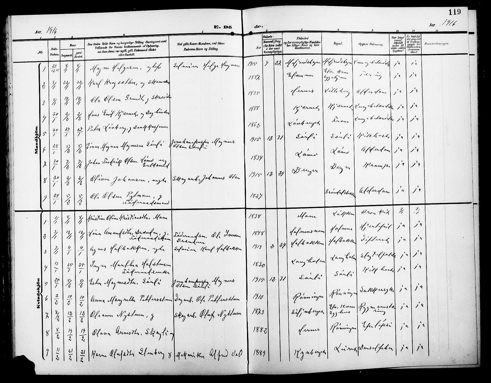 Elverum prestekontor, AV/SAH-PREST-044/H/Ha/Hab/L0009: Parish register (copy) no. 9, 1908-1921, p. 119