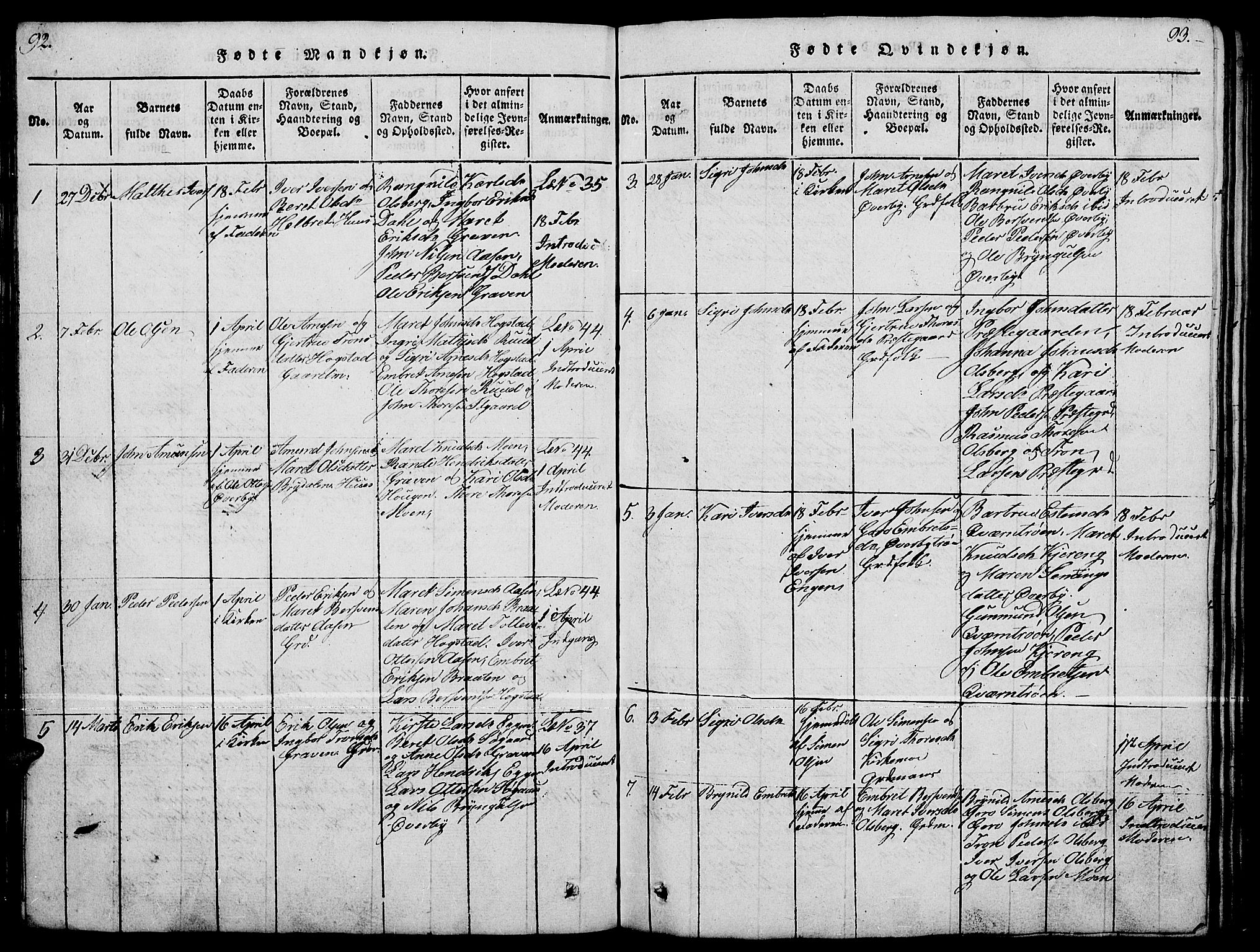 Tynset prestekontor, SAH/PREST-058/H/Ha/Hab/L0004: Parish register (copy) no. 4, 1814-1879, p. 92-93