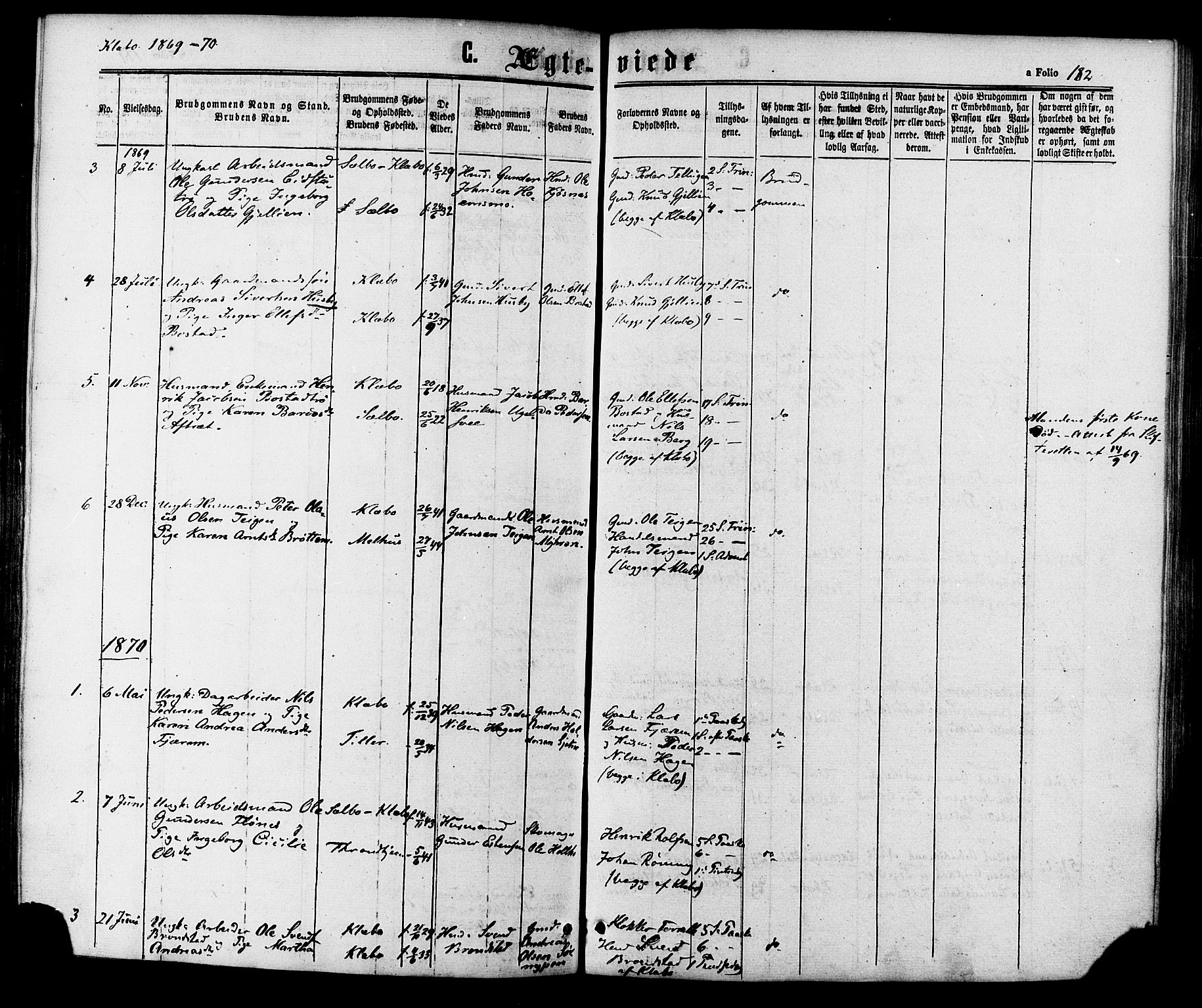 Ministerialprotokoller, klokkerbøker og fødselsregistre - Sør-Trøndelag, AV/SAT-A-1456/618/L0442: Parish register (official) no. 618A06 /1, 1863-1879, p. 182