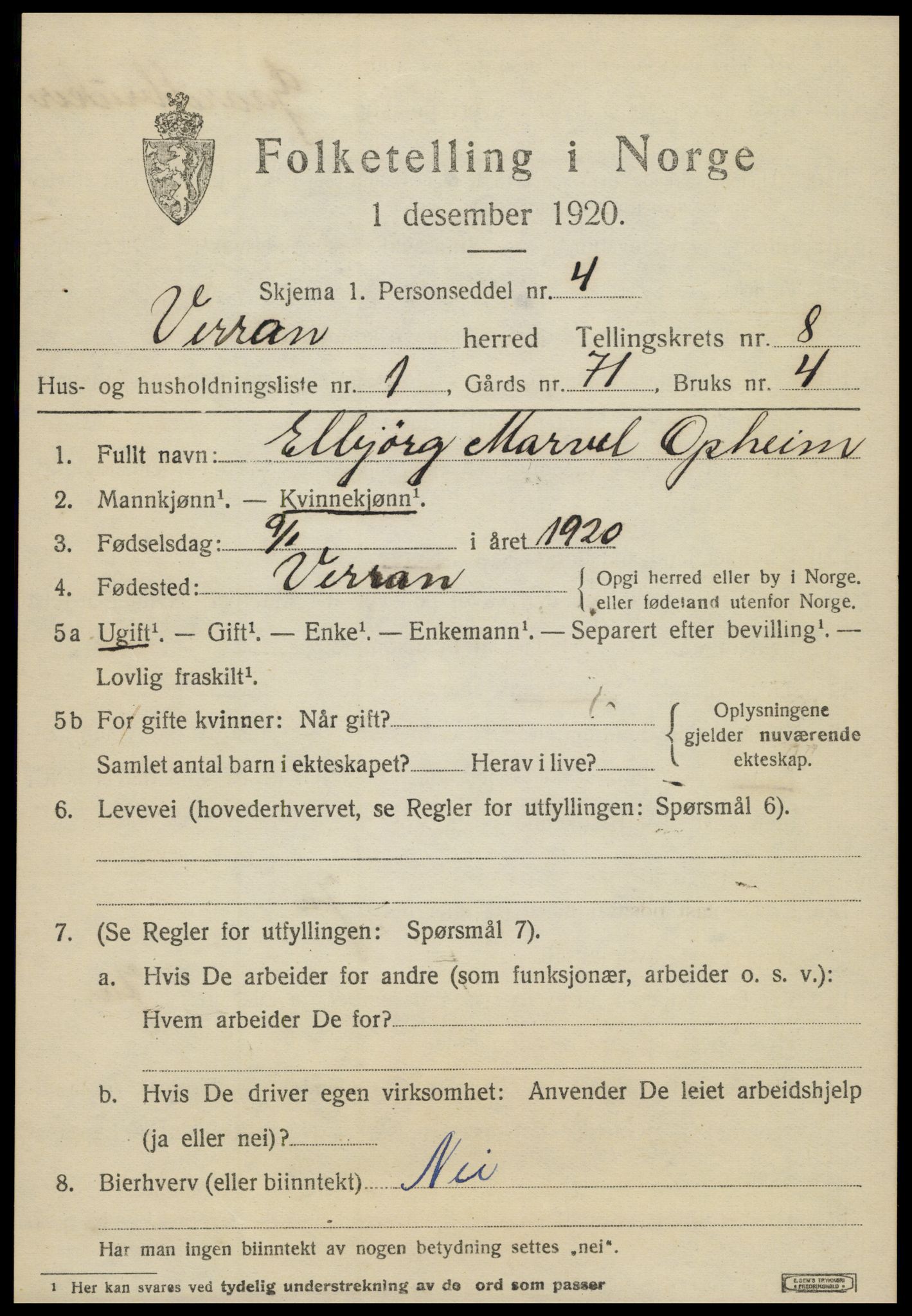 SAT, 1920 census for Verran, 1920, p. 3014
