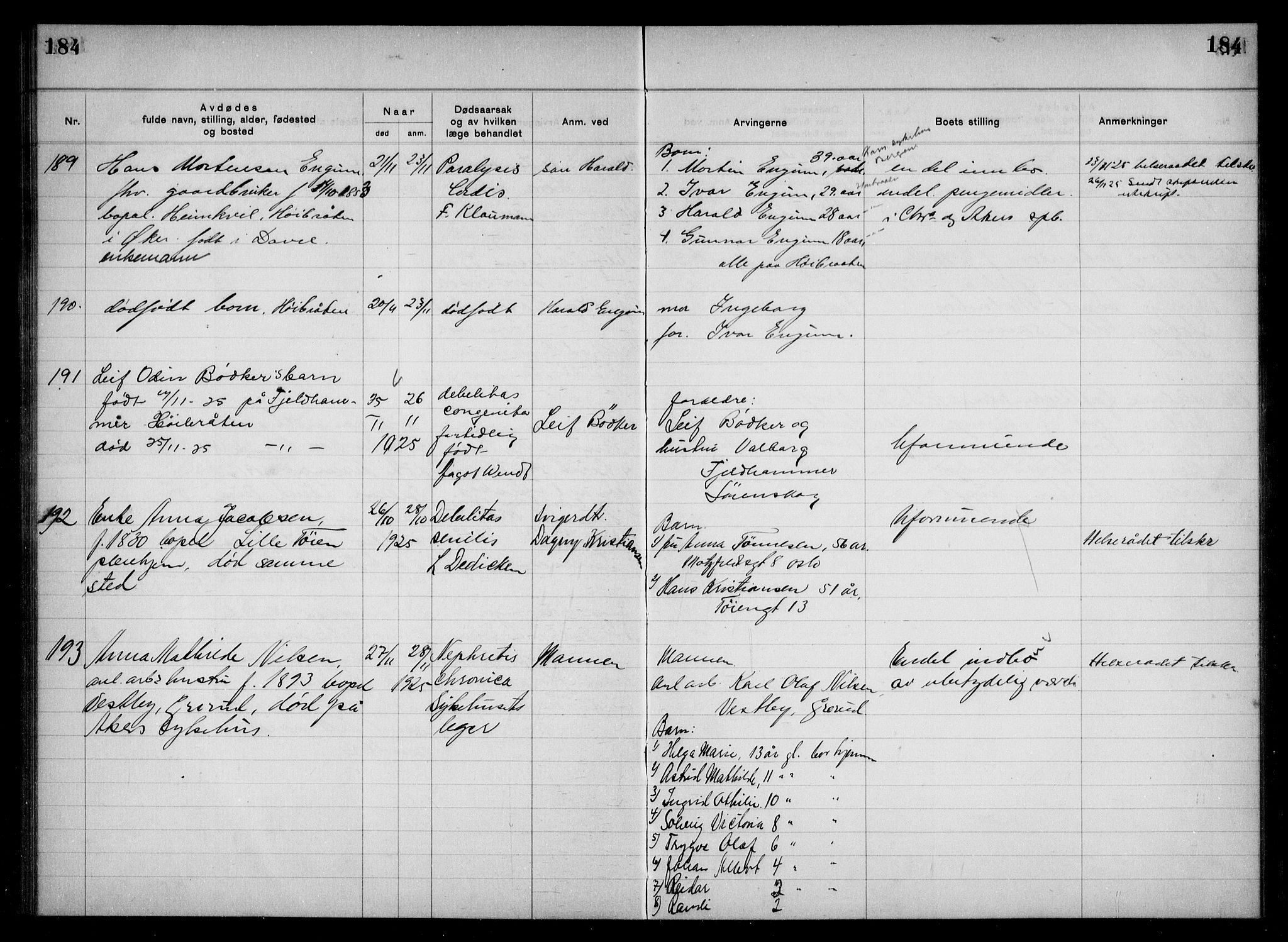 Aker kriminaldommer, skifte- og auksjonsforvalterembete, AV/SAO-A-10452/H/Hb/Hba/Hbac/L0001: Dødsfallsprotokoll for Østre Aker, 1922-1927, p. 184