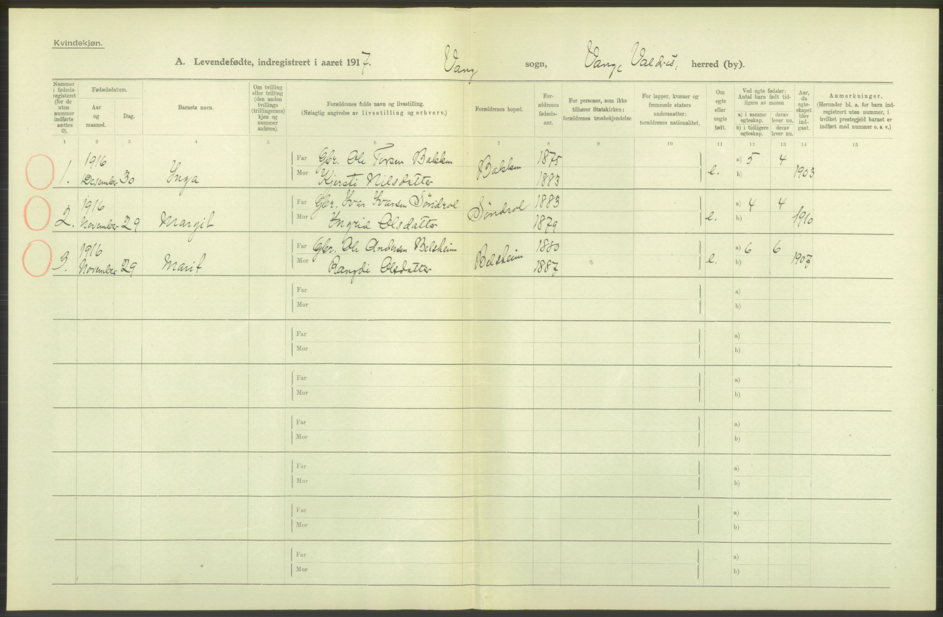 Statistisk sentralbyrå, Sosiodemografiske emner, Befolkning, RA/S-2228/D/Df/Dfb/Dfbg/L0015: Kristians amt: Levendefødte menn og kvinner. Bygder., 1917, p. 346