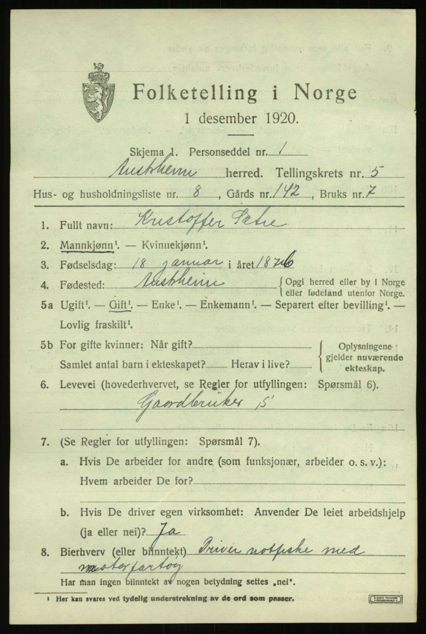 SAB, 1920 census for Austrheim, 1920, p. 2144