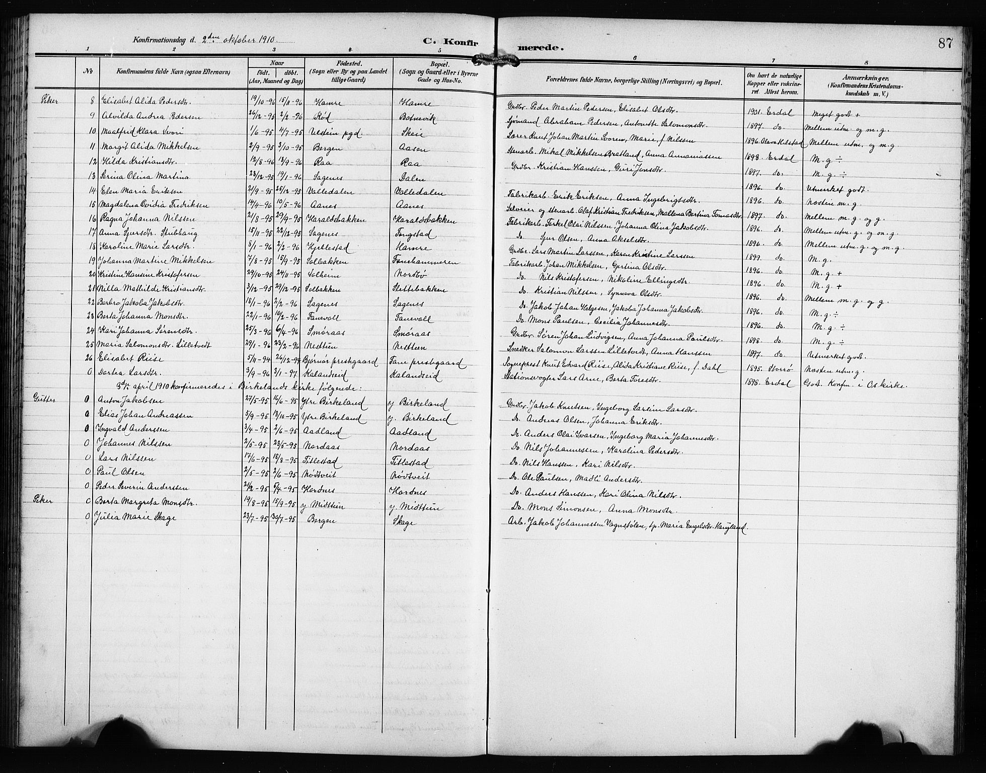 Fana Sokneprestembete, AV/SAB-A-75101/H/Hab/Haba/L0004: Parish register (copy) no. A 4, 1902-1912, p. 87