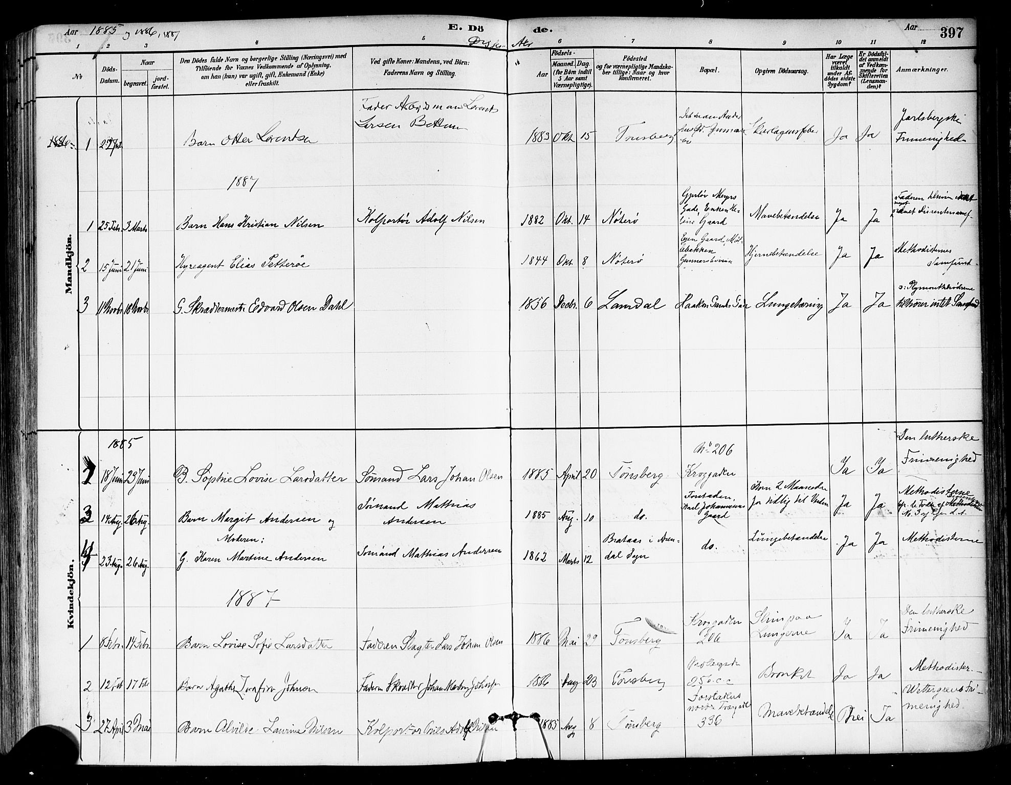 Tønsberg kirkebøker, SAKO/A-330/F/Fa/L0011: Parish register (official) no. I 11, 1881-1890, p. 397