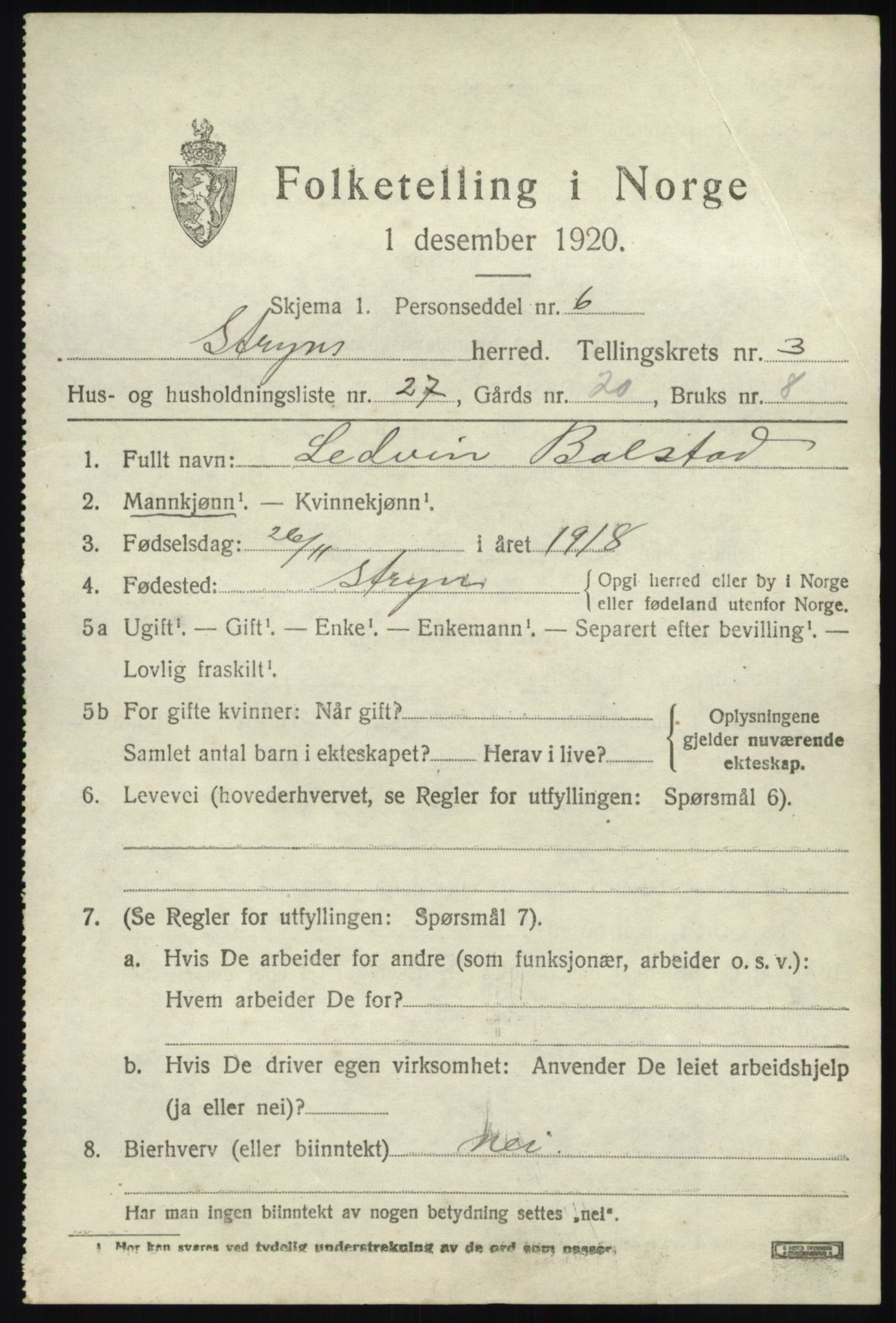 SAB, 1920 census for Stryn, 1920, p. 1674