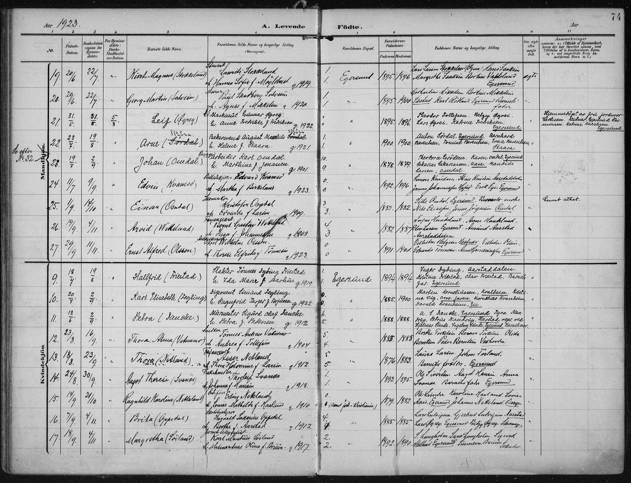 Eigersund sokneprestkontor, SAST/A-101807/S08/L0022: Parish register (official) no. A 21, 1905-1928, p. 74