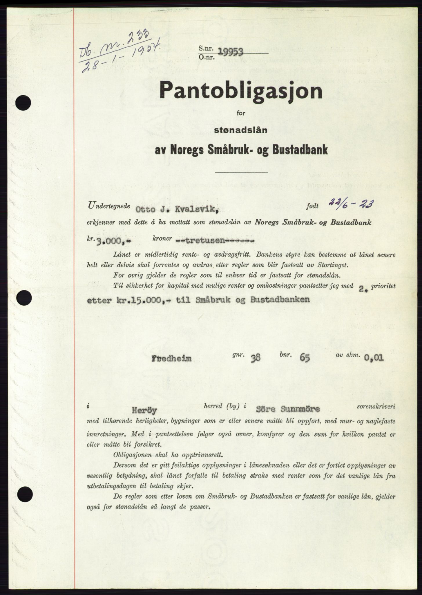 Søre Sunnmøre sorenskriveri, AV/SAT-A-4122/1/2/2C/L0124: Mortgage book no. 12B, 1953-1954, Diary no: : 233/1954