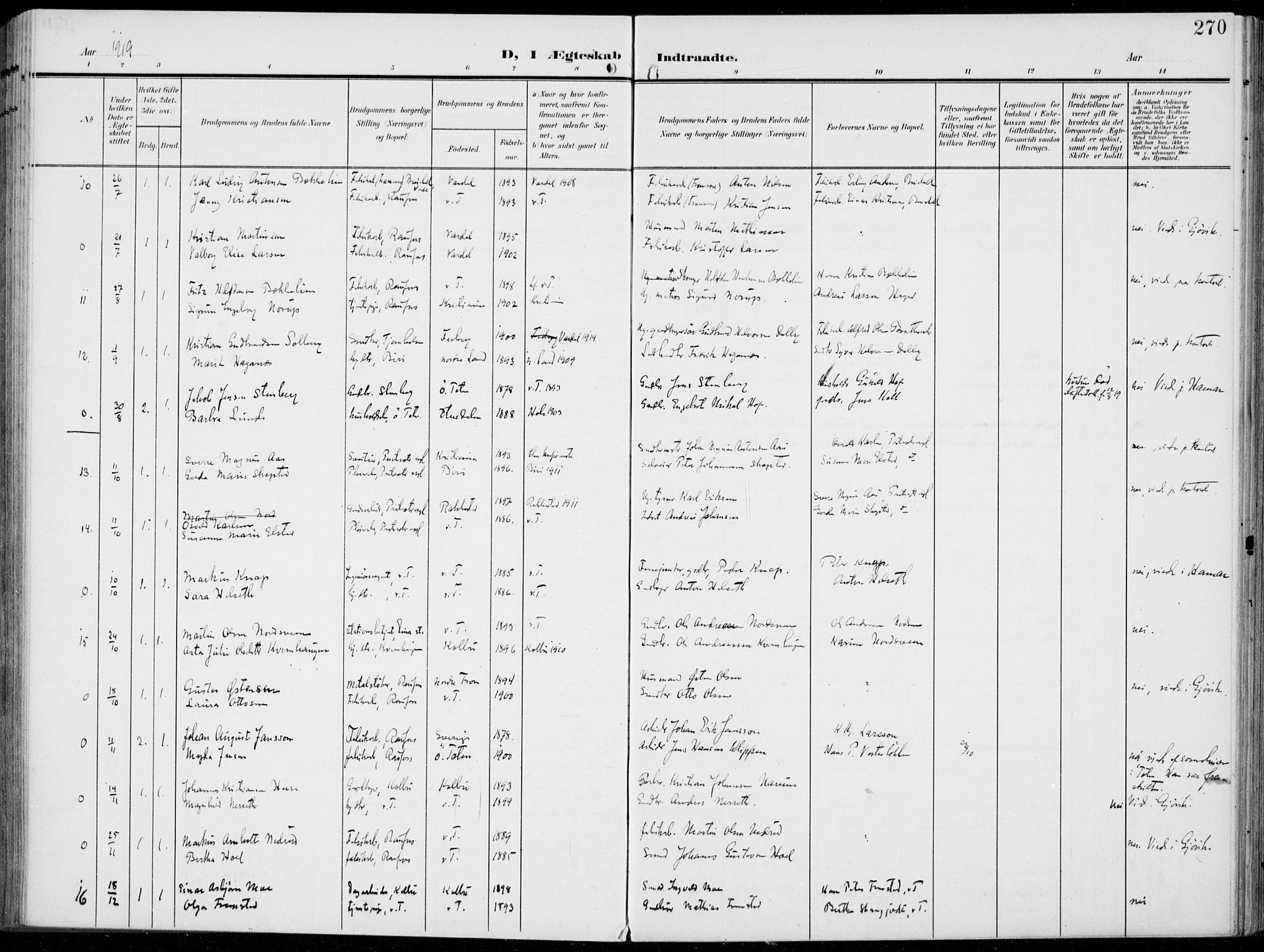 Vestre Toten prestekontor, AV/SAH-PREST-108/H/Ha/Haa/L0014: Parish register (official) no. 14, 1907-1920, p. 270