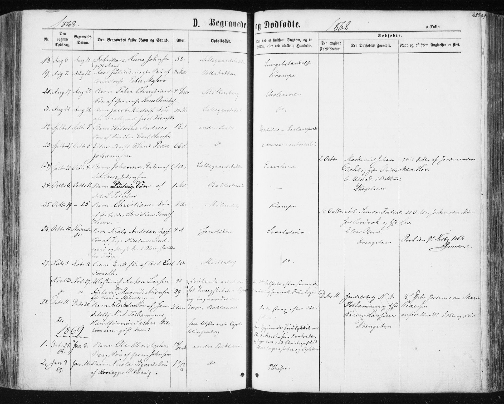 Ministerialprotokoller, klokkerbøker og fødselsregistre - Sør-Trøndelag, SAT/A-1456/604/L0186: Parish register (official) no. 604A07, 1866-1877, p. 428