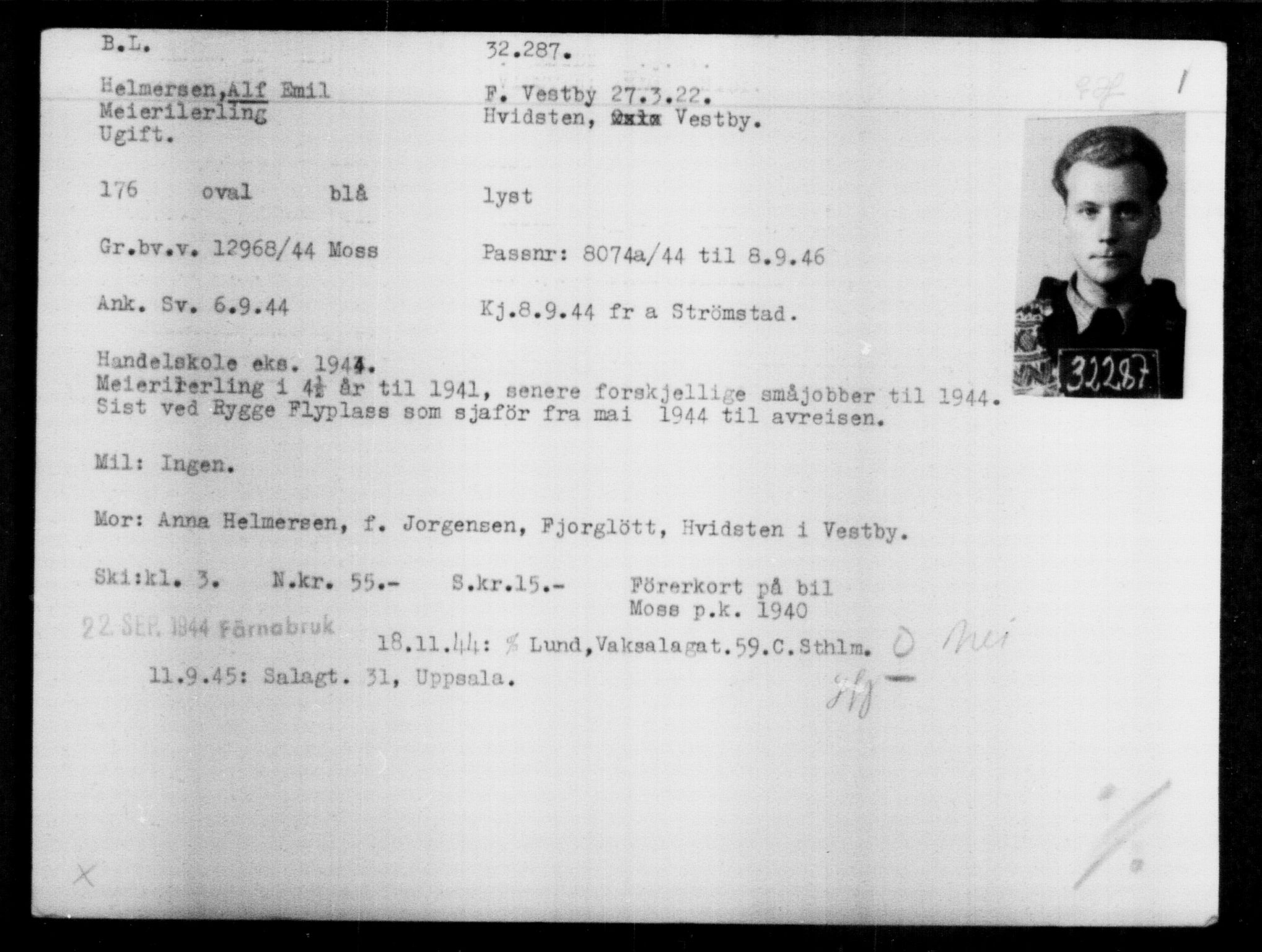 Utenriksstasjonene, Legasjonen i Stockholm, Flyktningkontoret, AV/RA-S-6753/V/Va/L0013: Kjesäterkartoteket, flyktninger med registreringsnr. 31500-34731, 1940-1945, p. 835