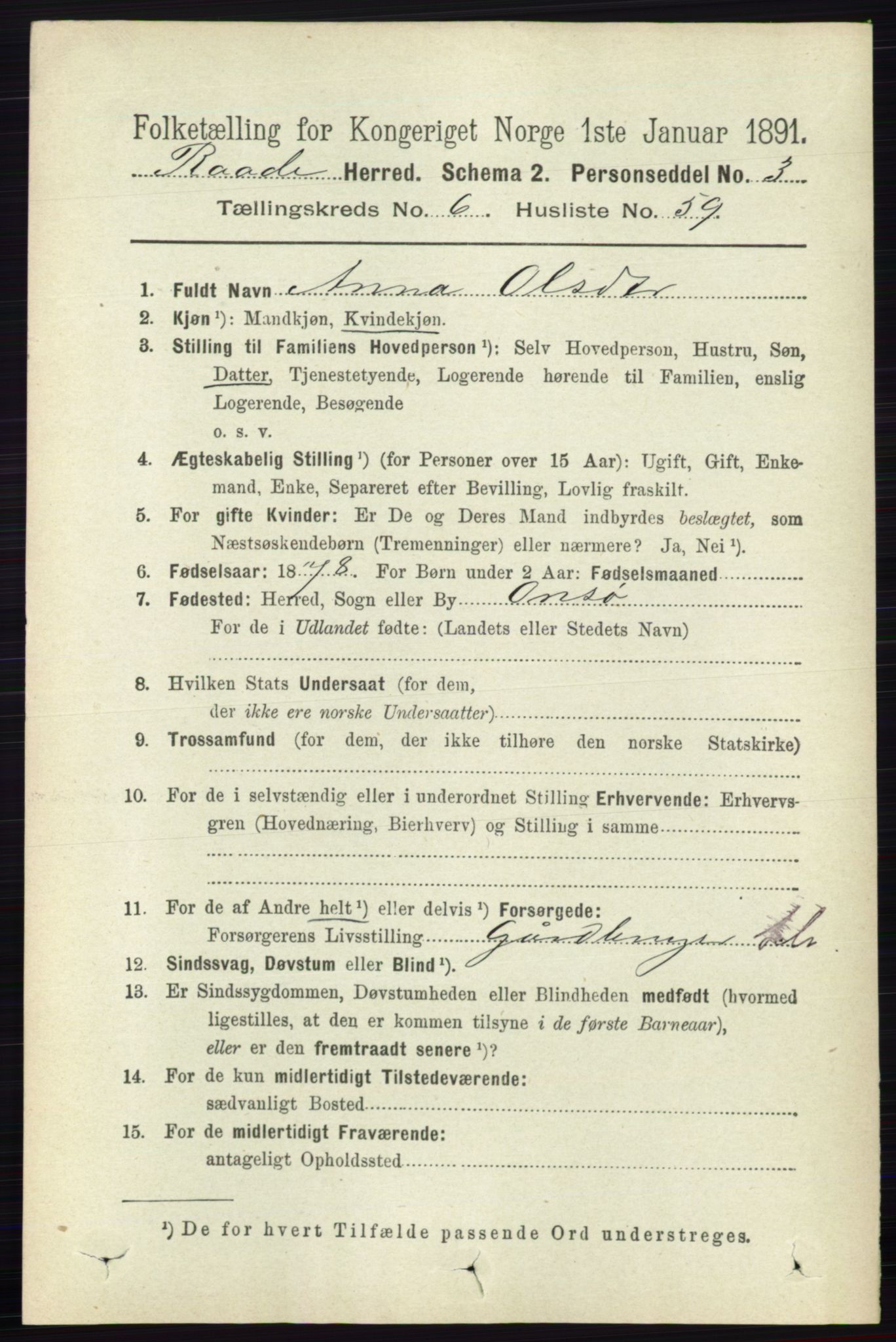 RA, 1891 census for 0135 Råde, 1891, p. 3476