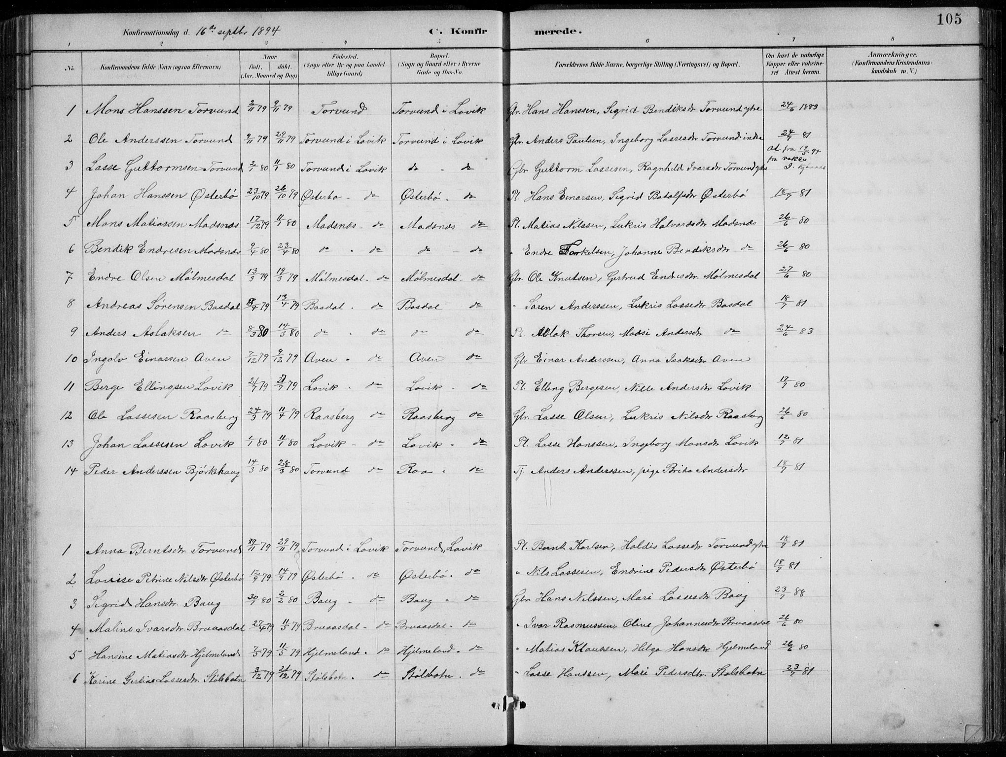 Lavik sokneprestembete, SAB/A-80901: Parish register (copy) no. A 2, 1882-1910, p. 105
