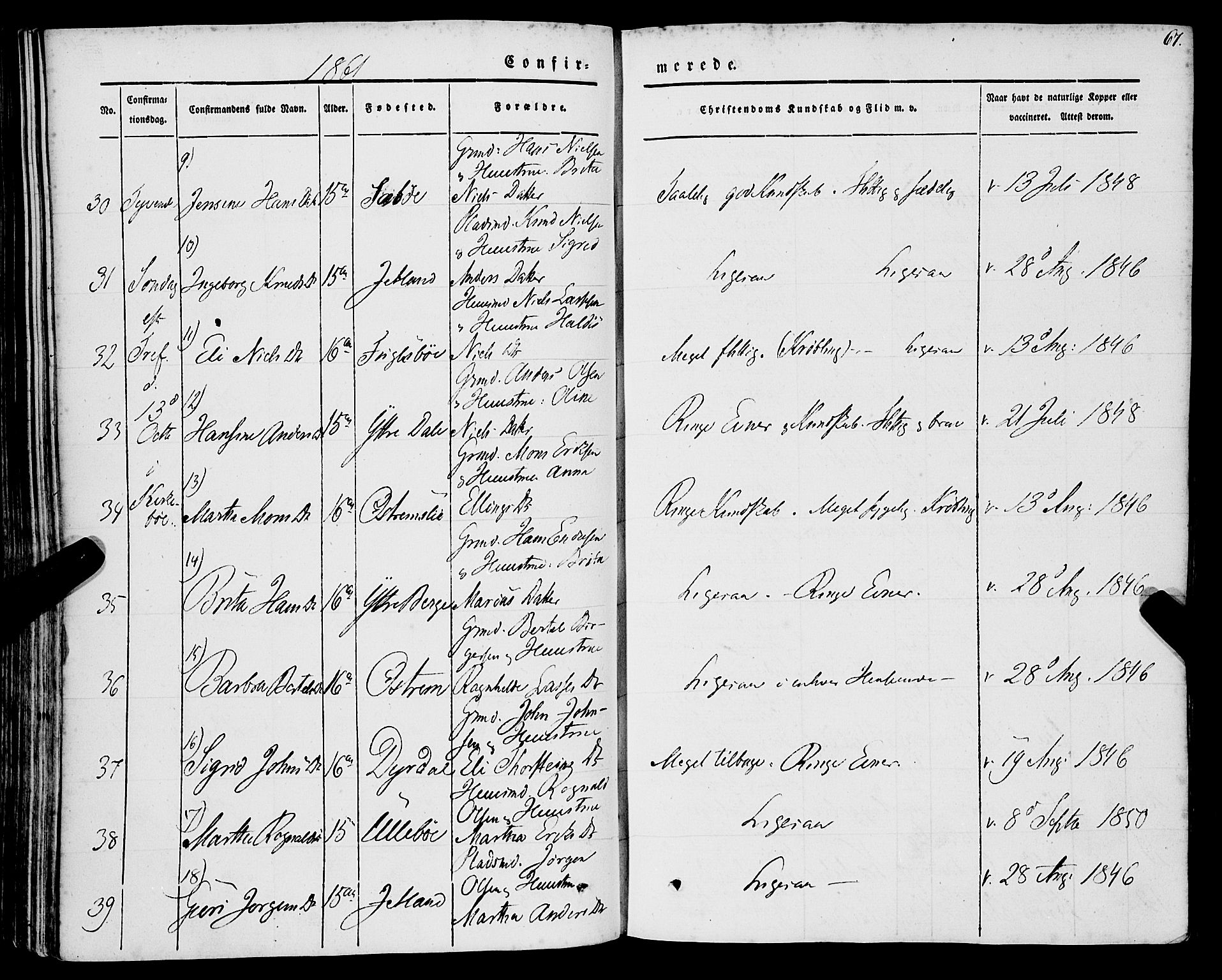 Lavik sokneprestembete, AV/SAB-A-80901: Parish register (official) no. A 3, 1843-1863, p. 67