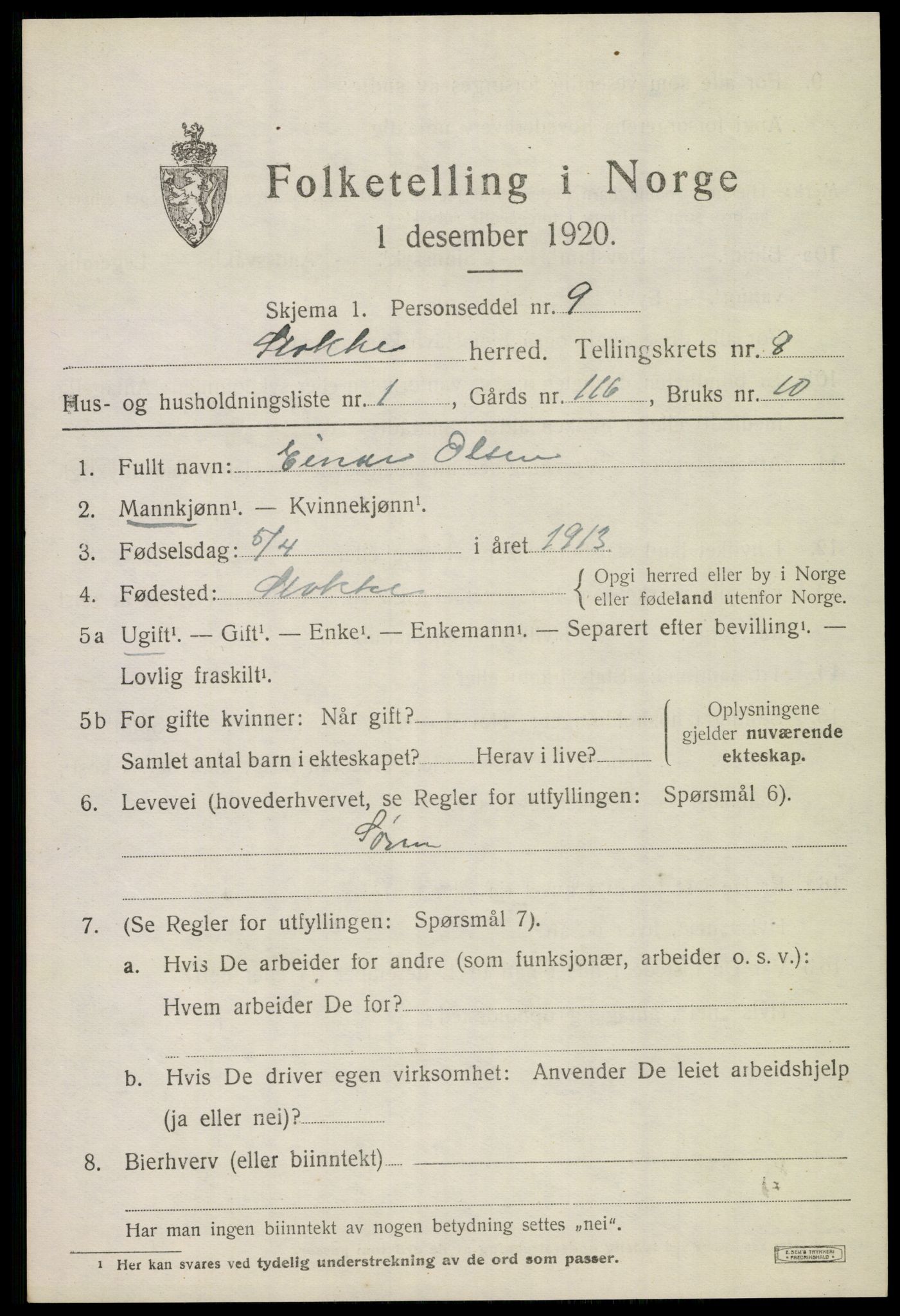 SAKO, 1920 census for Stokke, 1920, p. 9308